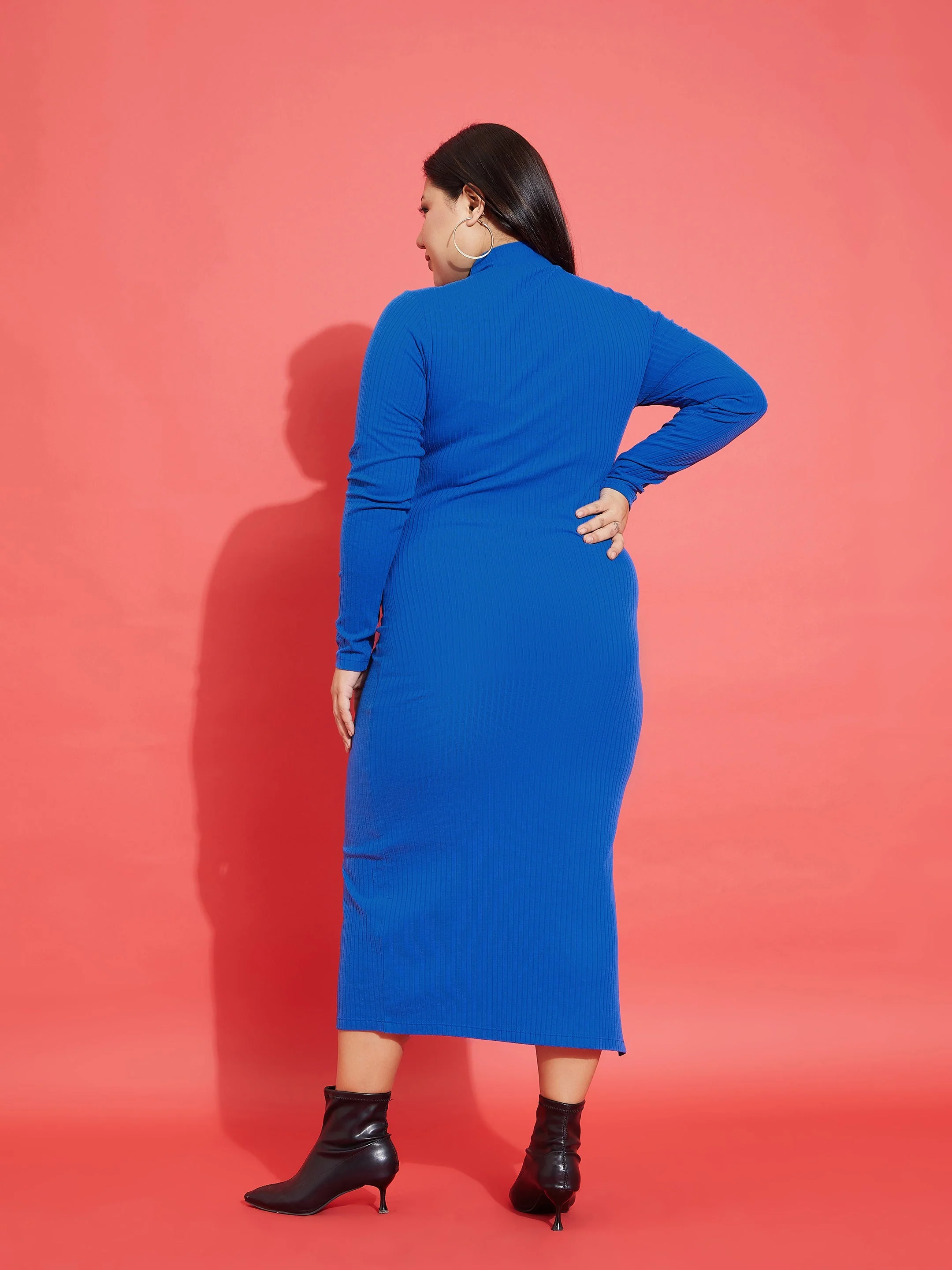 Women Royal Blue Rib Side Slit Bodycon Midi Dress - Image 5