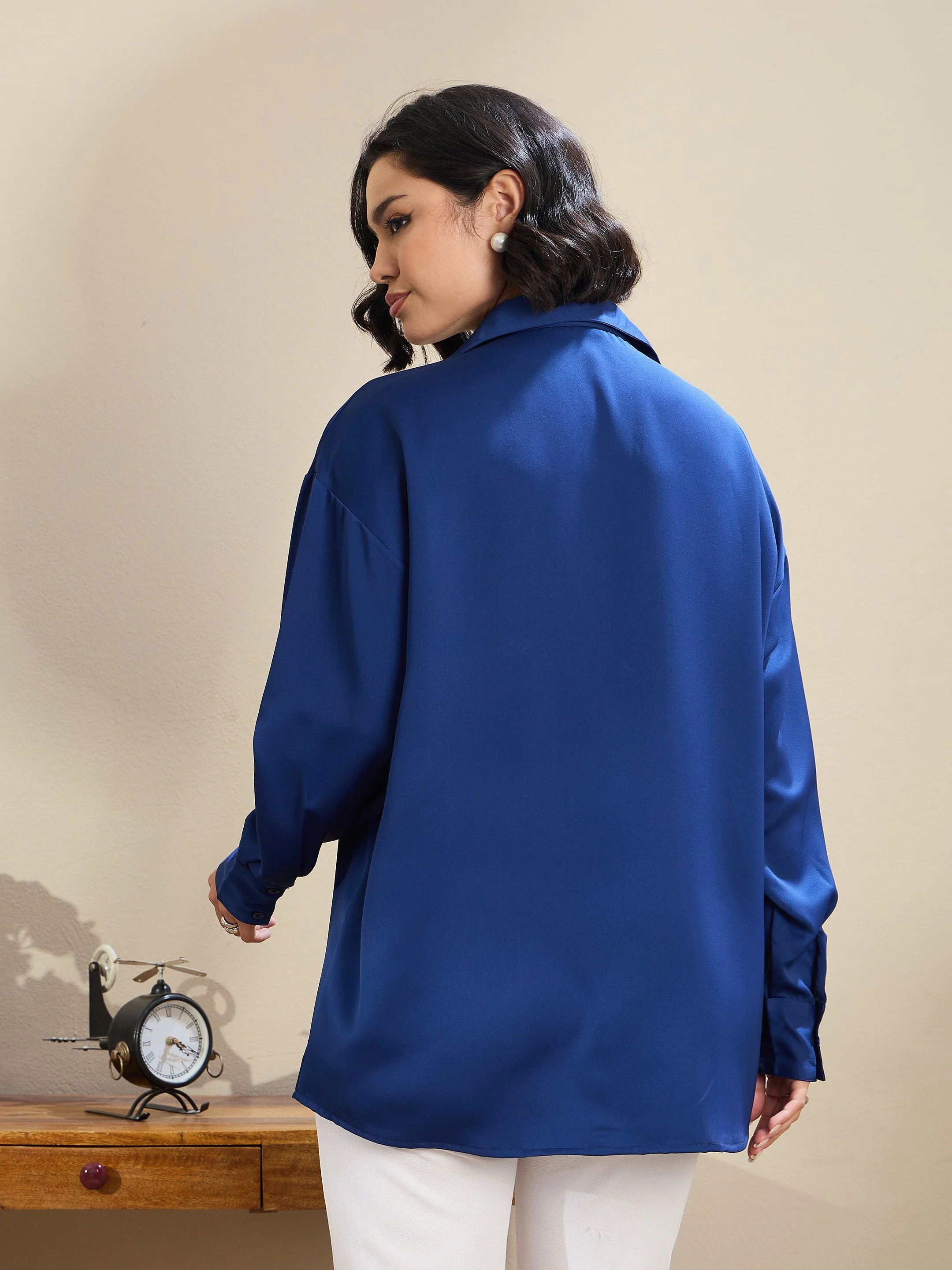 Women Royal Blue Satin Oversized Curved Hem Shirt - Image 2