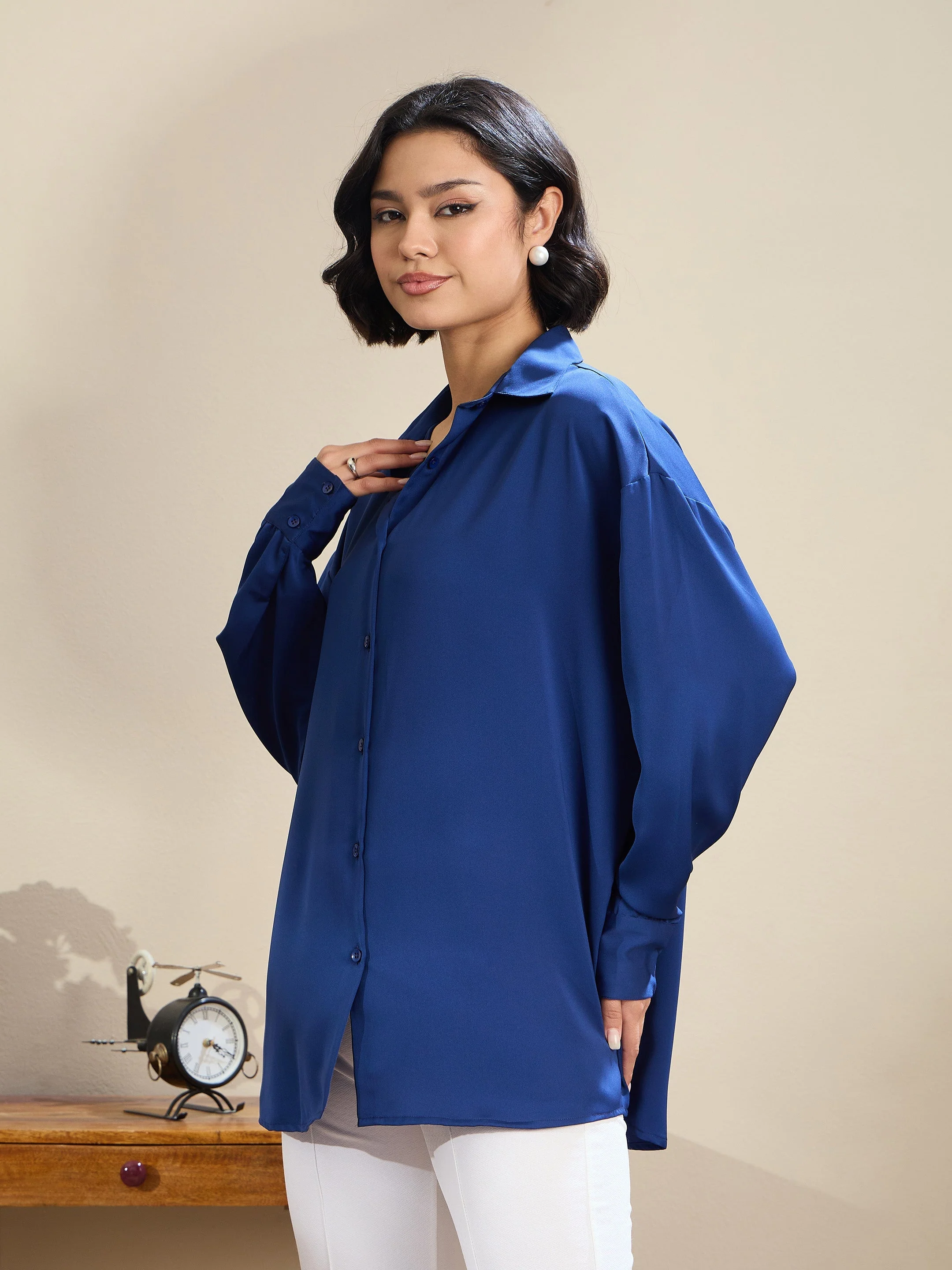 Women Royal Blue Satin Oversized Curved Hem Shirt - Image 3