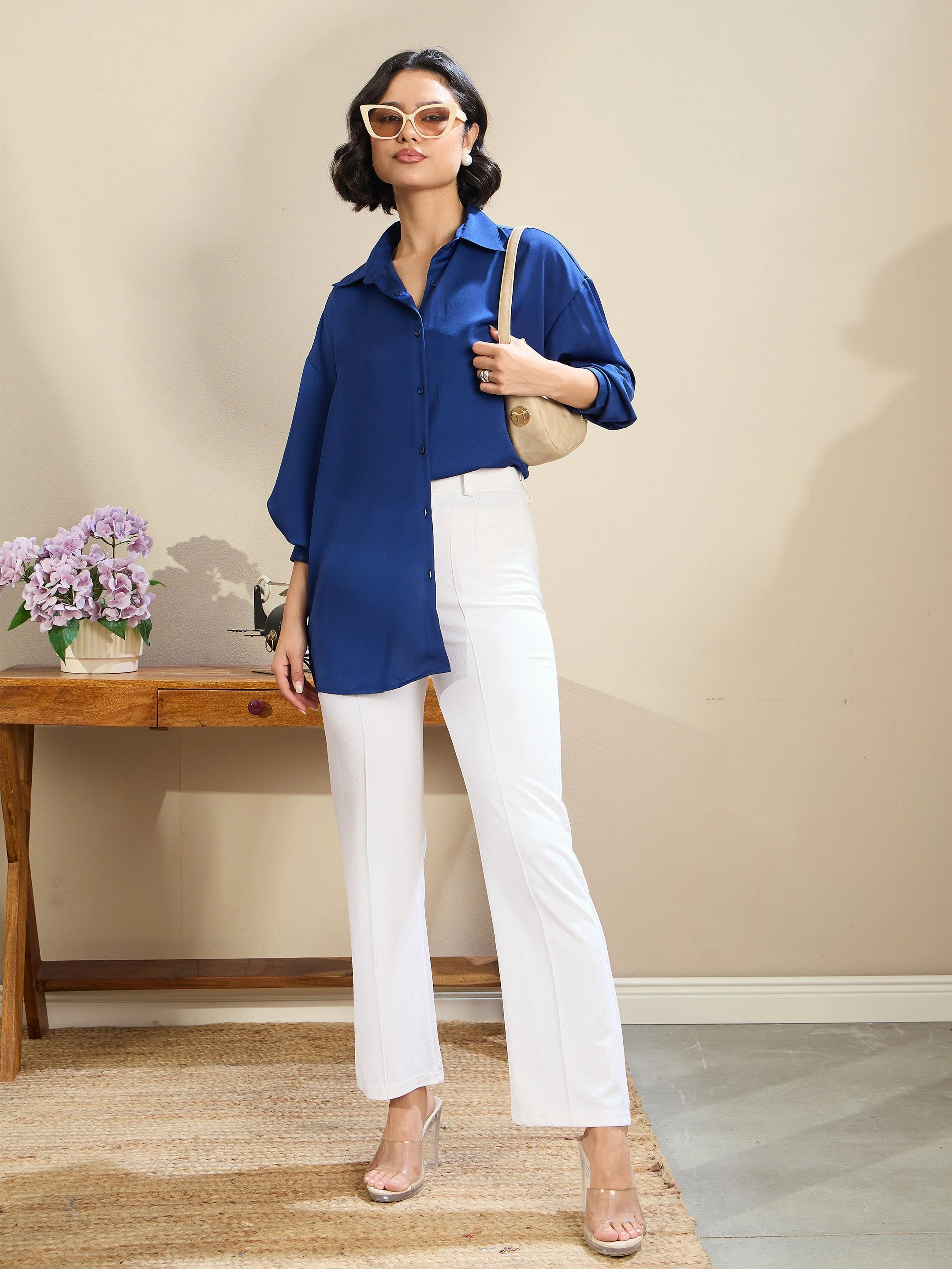 Women Royal Blue Satin Oversized Curved Hem Shirt - Image 5