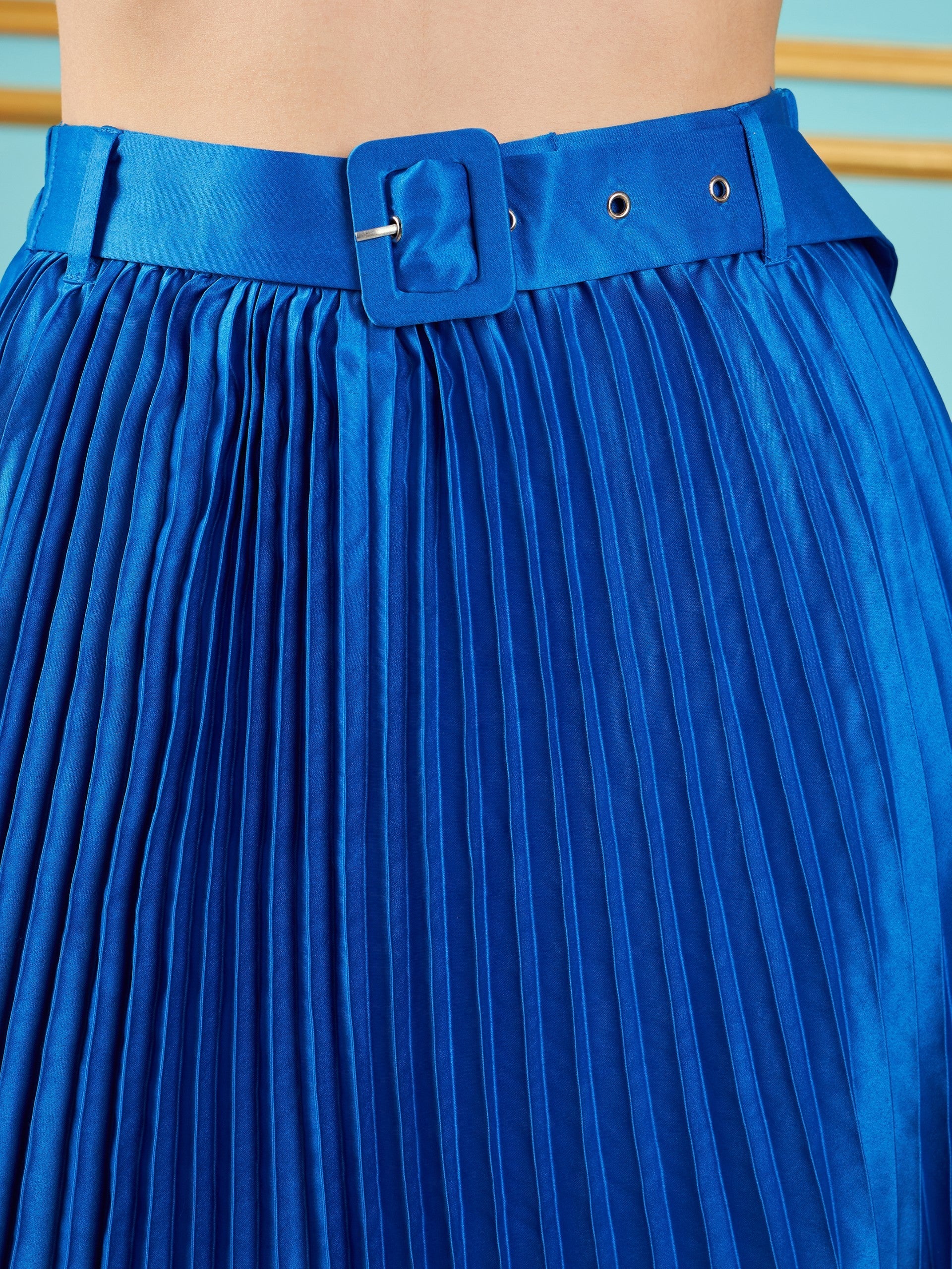 Women Royal Blue Satin Pleated Midi Skirt - Image 4