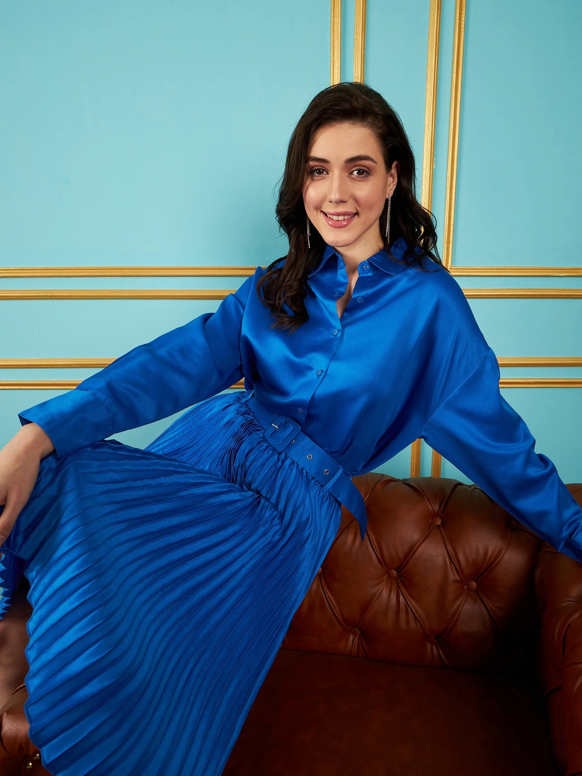 Women Royal Blue Satin Pleated Midi Skirt - Image 6