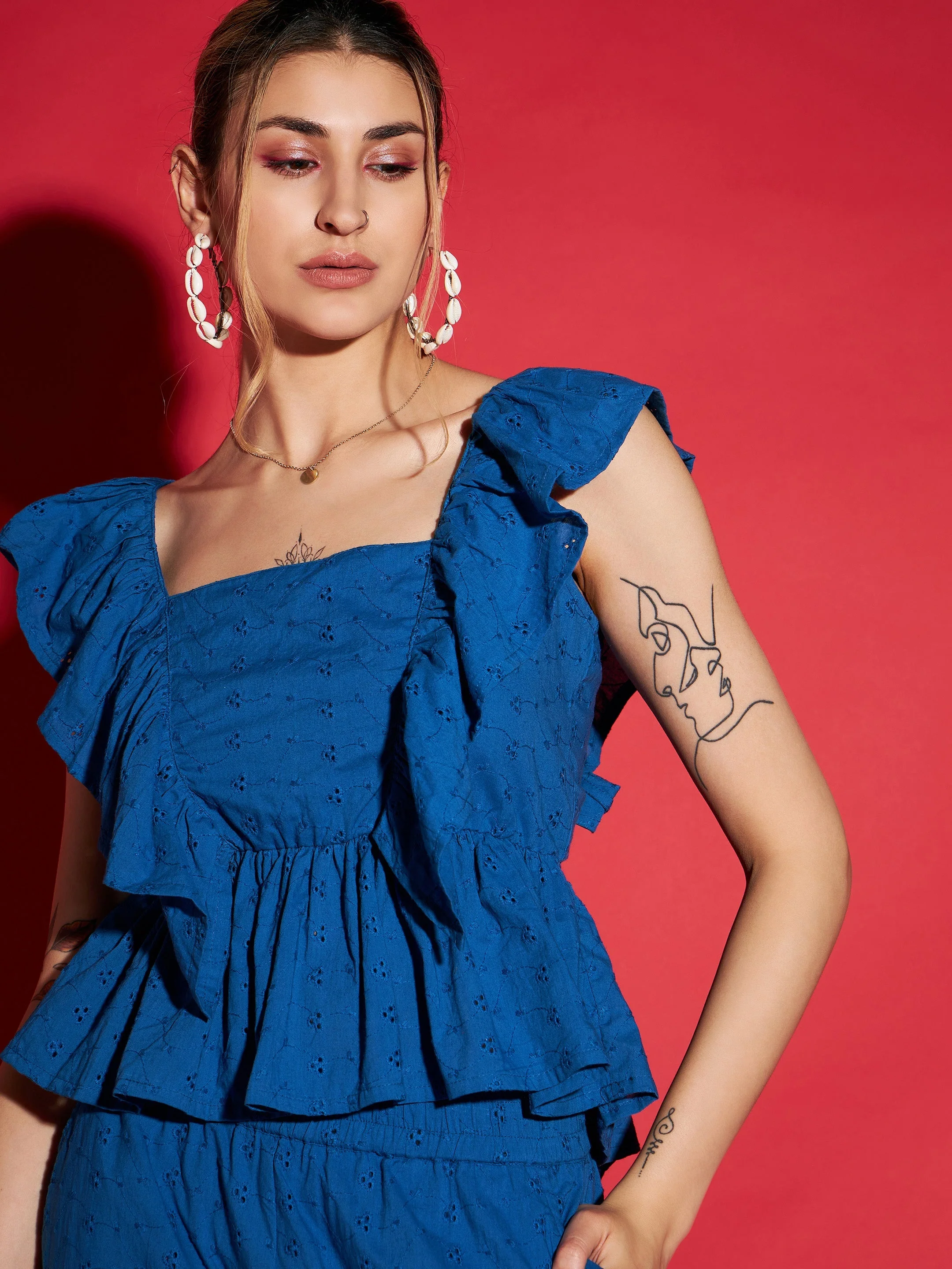 Women Royal Blue Schiffli Peplum Top With Palazzos - Image 4