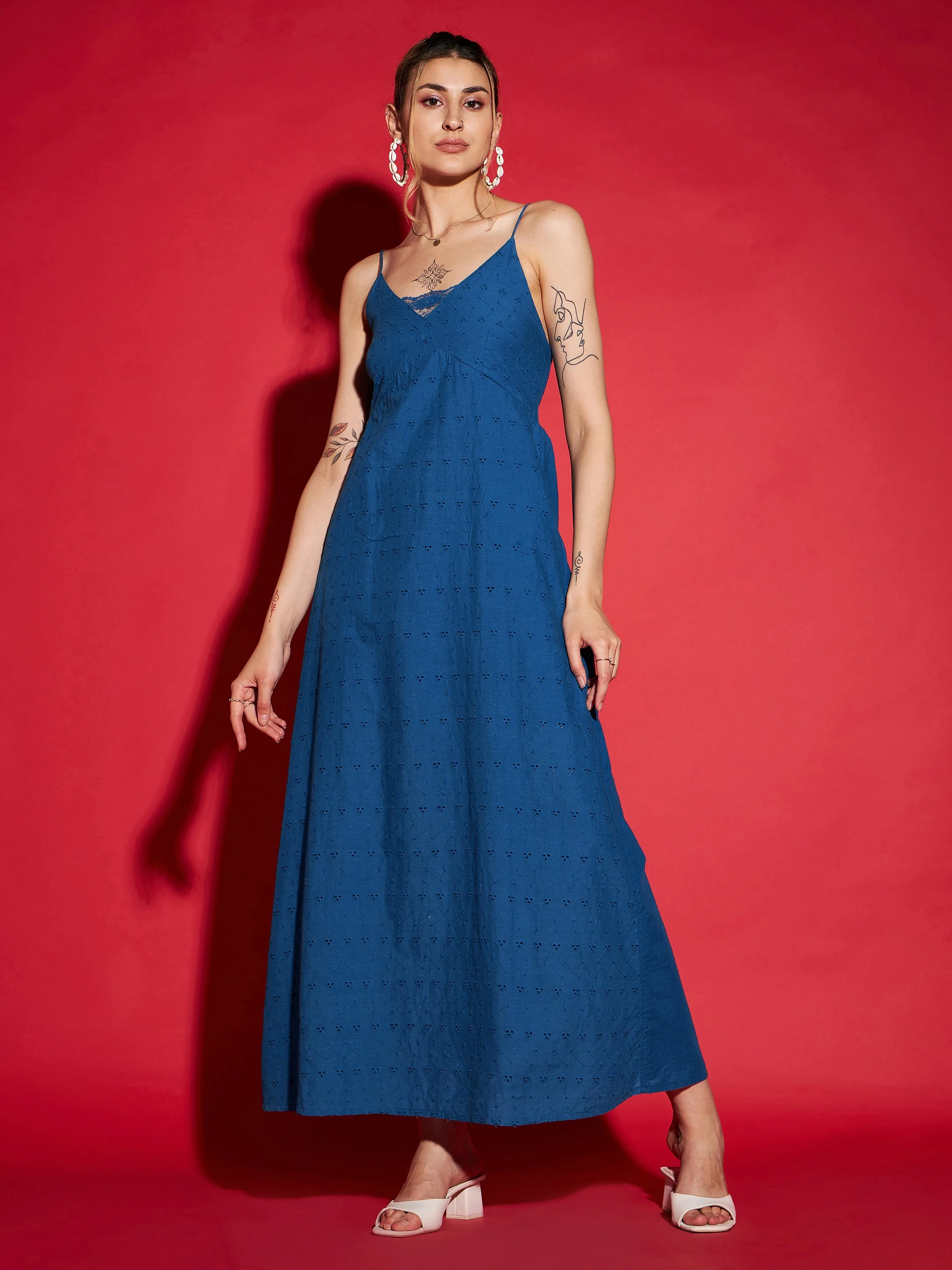 Women Royal Blue Schiffli Strappy Maxi Dress - Image 2