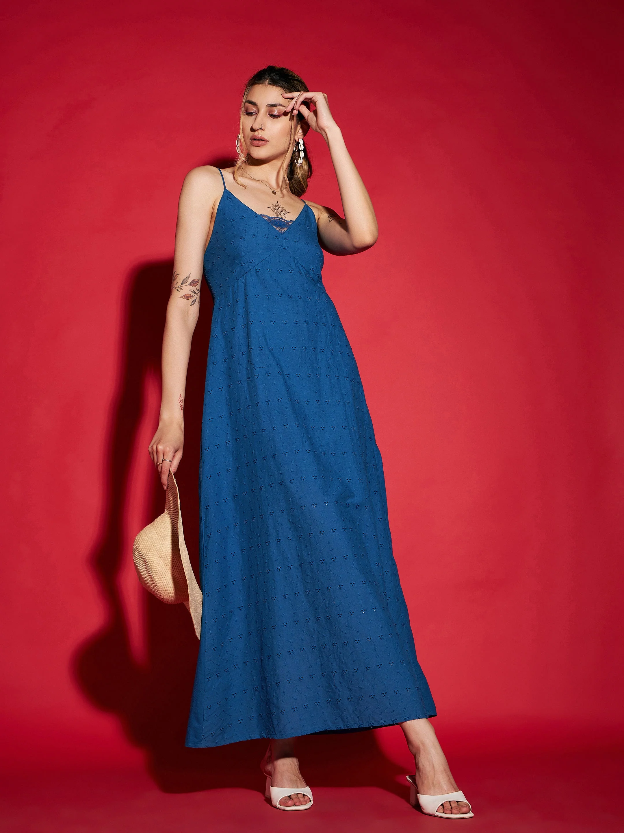 Women Royal Blue Schiffli Strappy Maxi Dress - Image 3