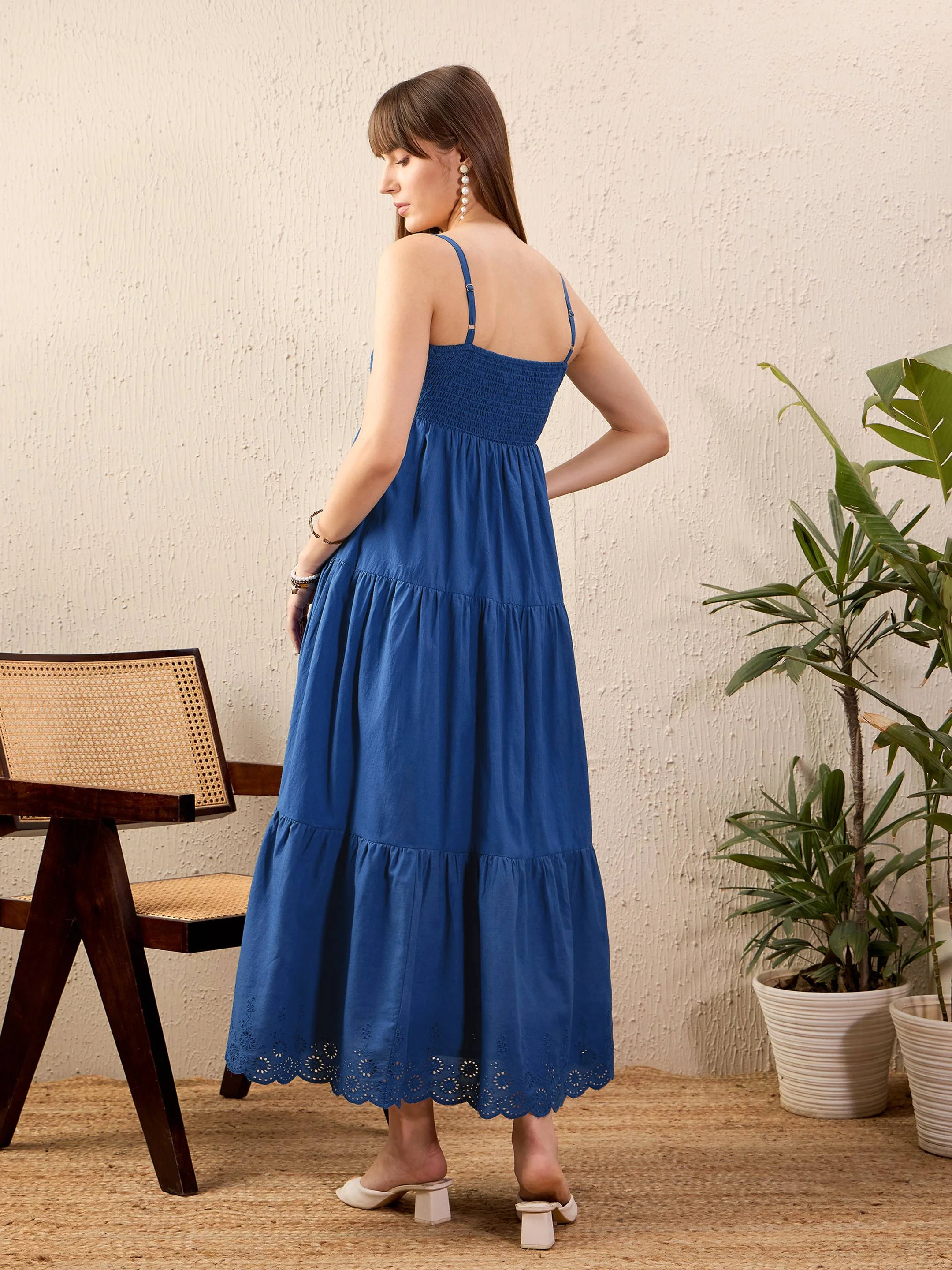 Women Royal Blue Schiffli Strappy Tered Maxi Dress - Image 2