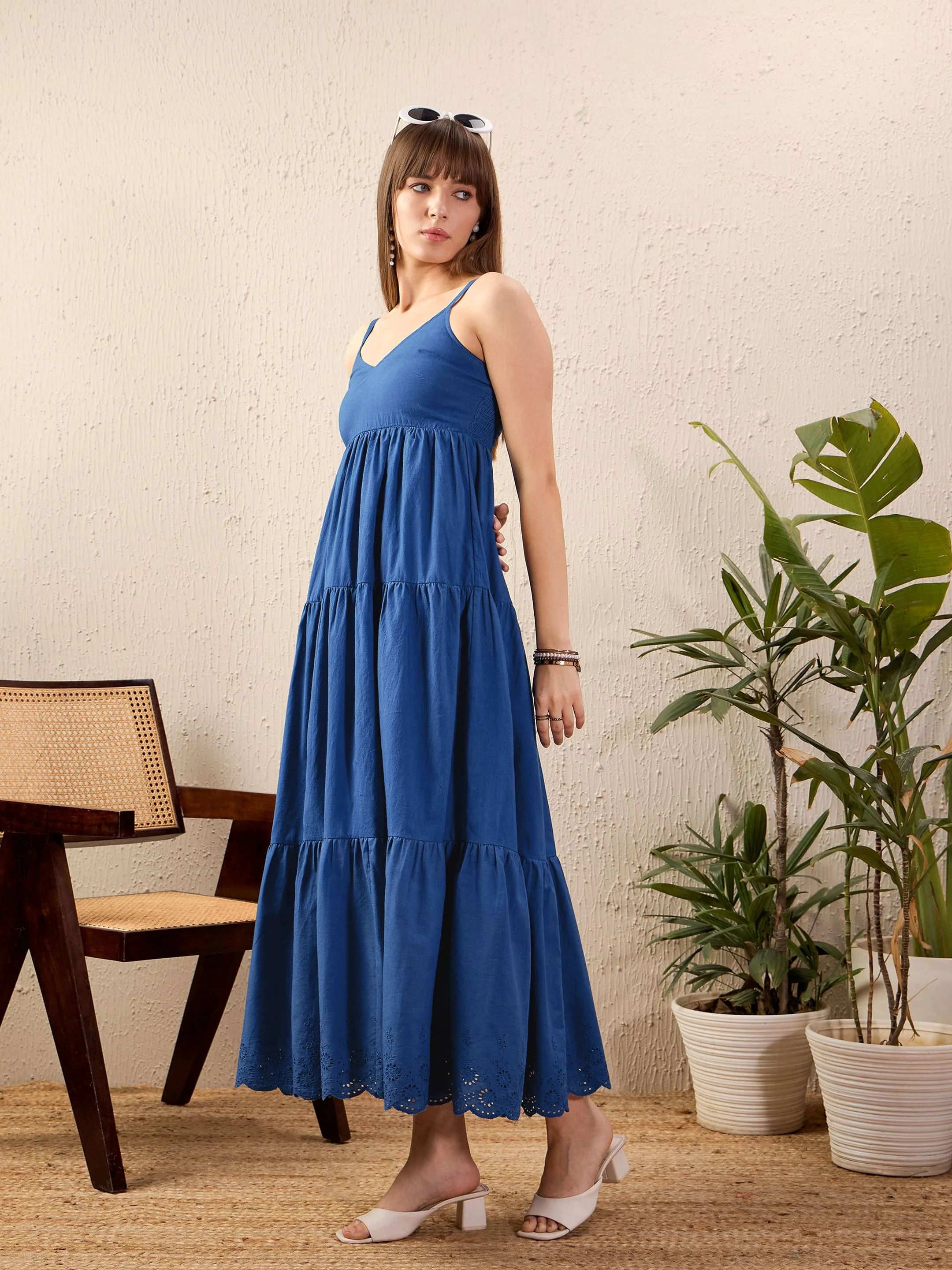 Women Royal Blue Schiffli Strappy Tered Maxi Dress - Image 4
