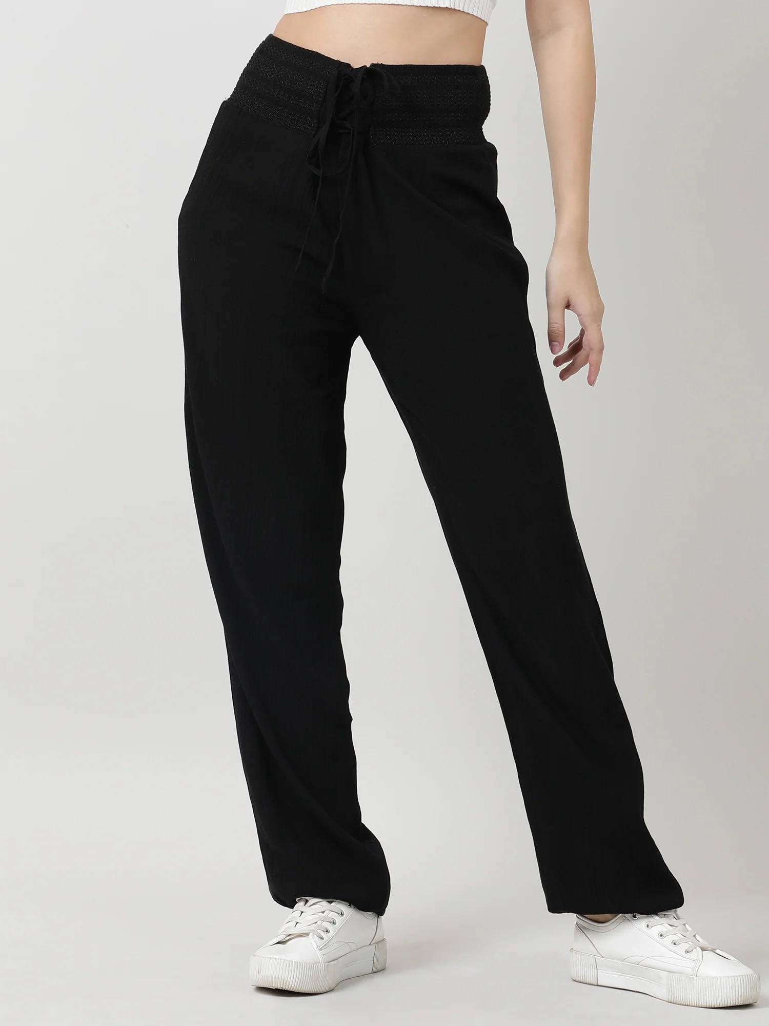 Women Ruched Waist Black Pants - Image 3