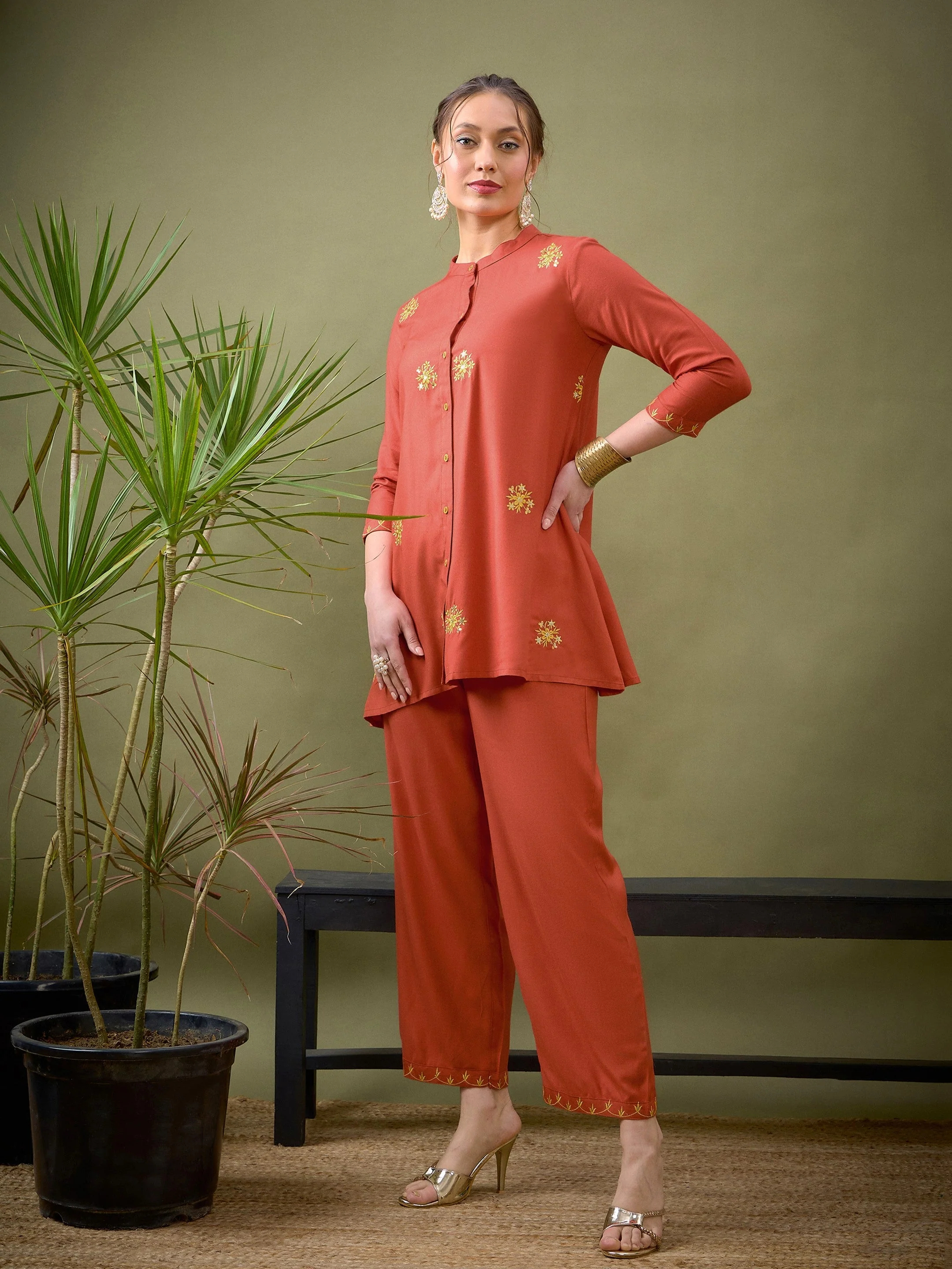 Women Rust All Over Embroidered Shirt With Palazzos - Image 3