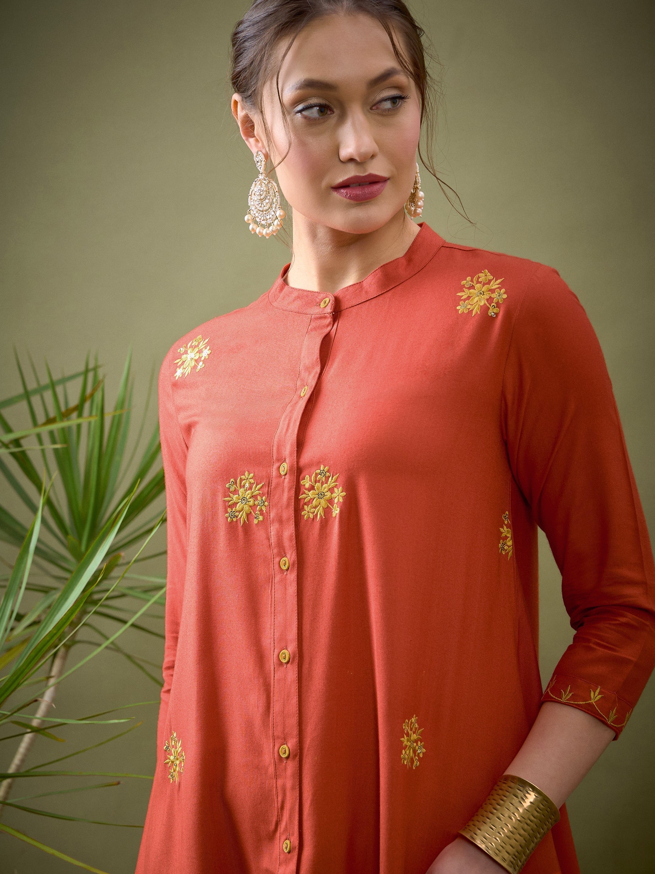 Women Rust All Over Embroidered Shirt With Palazzos - Image 4