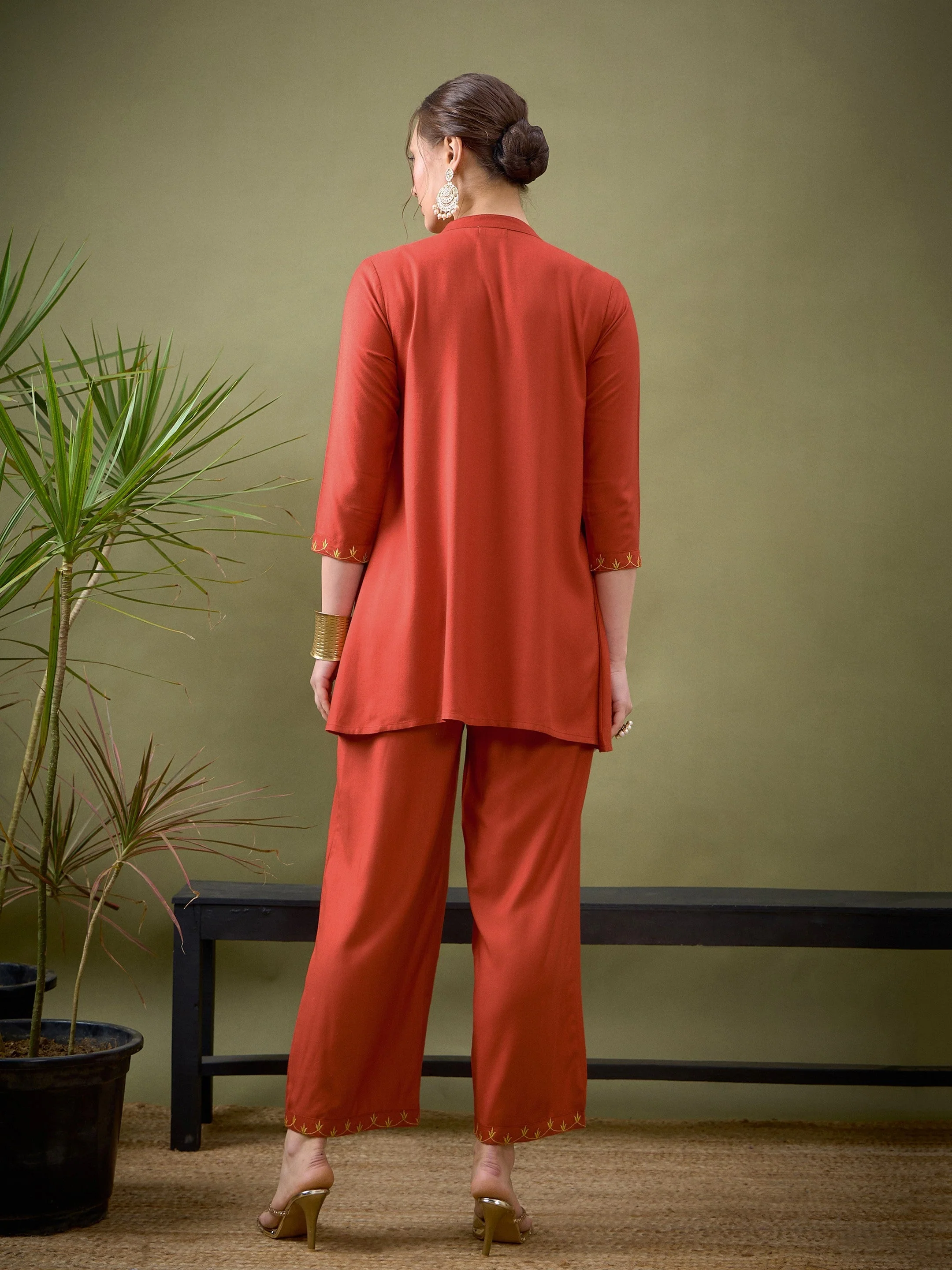 Women Rust All Over Embroidered Shirt With Palazzos - Image 6
