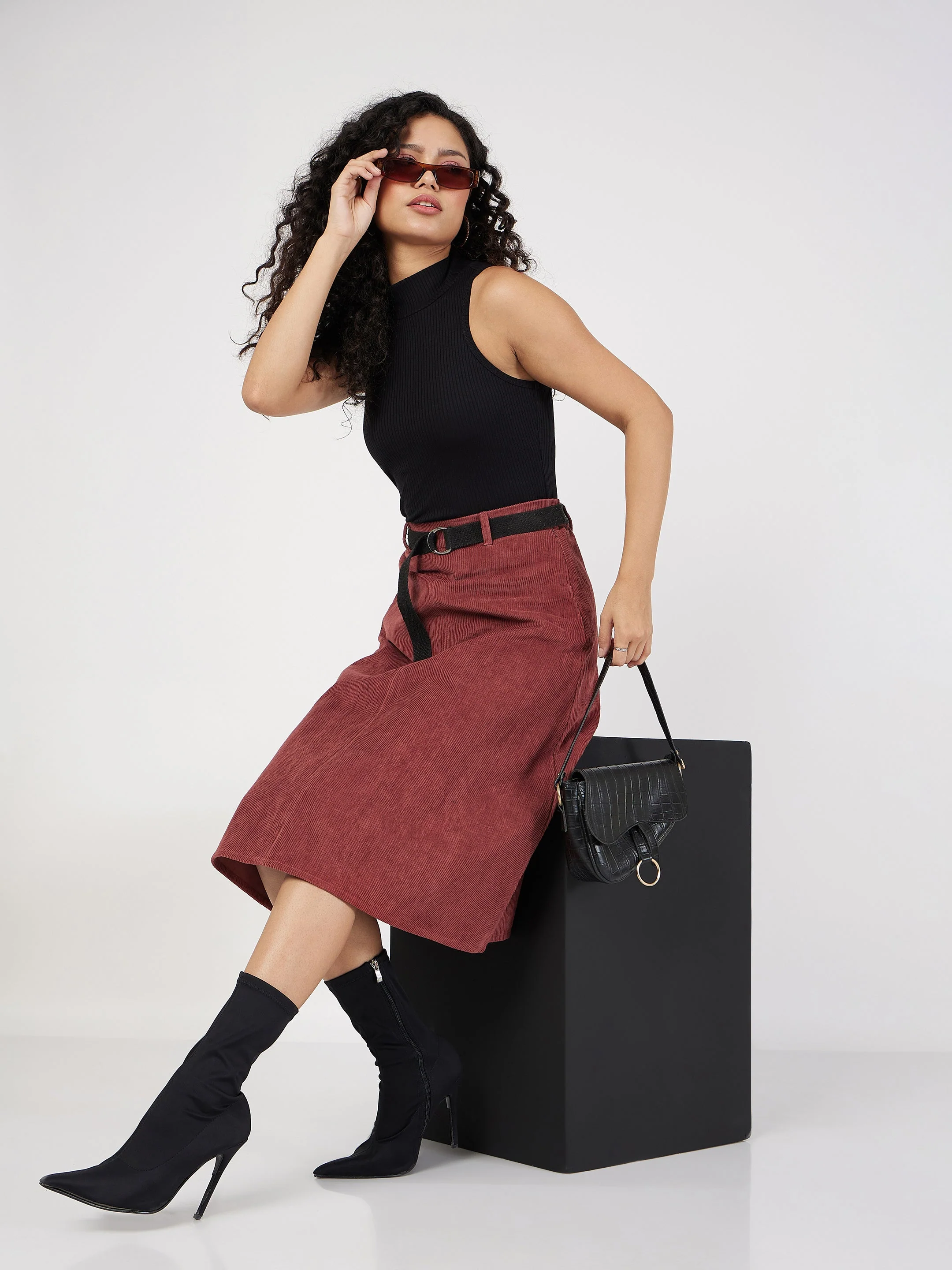 Women Rust Corduroy A-Line Midi Skirt - Image 2