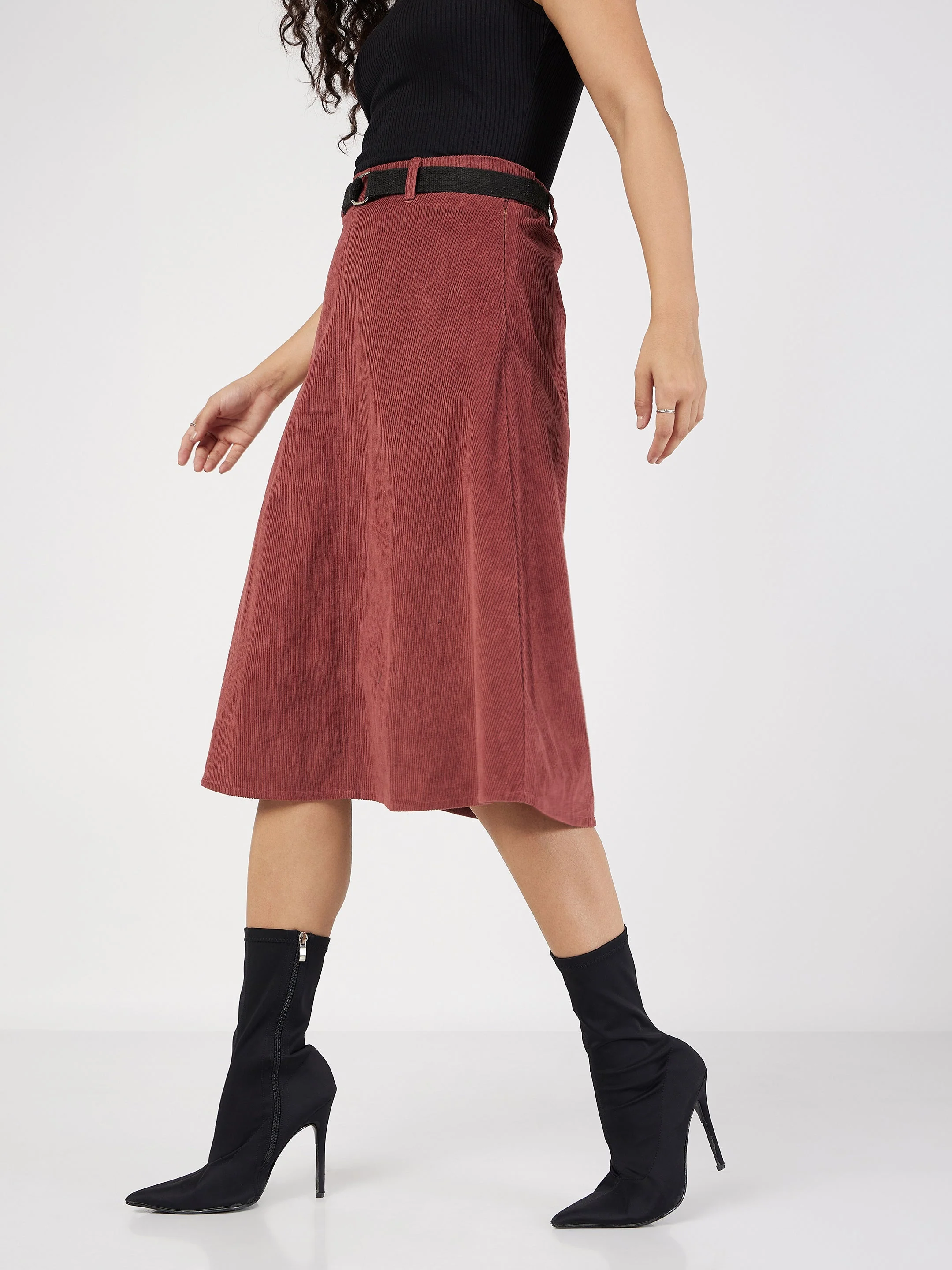 Women Rust Corduroy A-Line Midi Skirt - Image 3