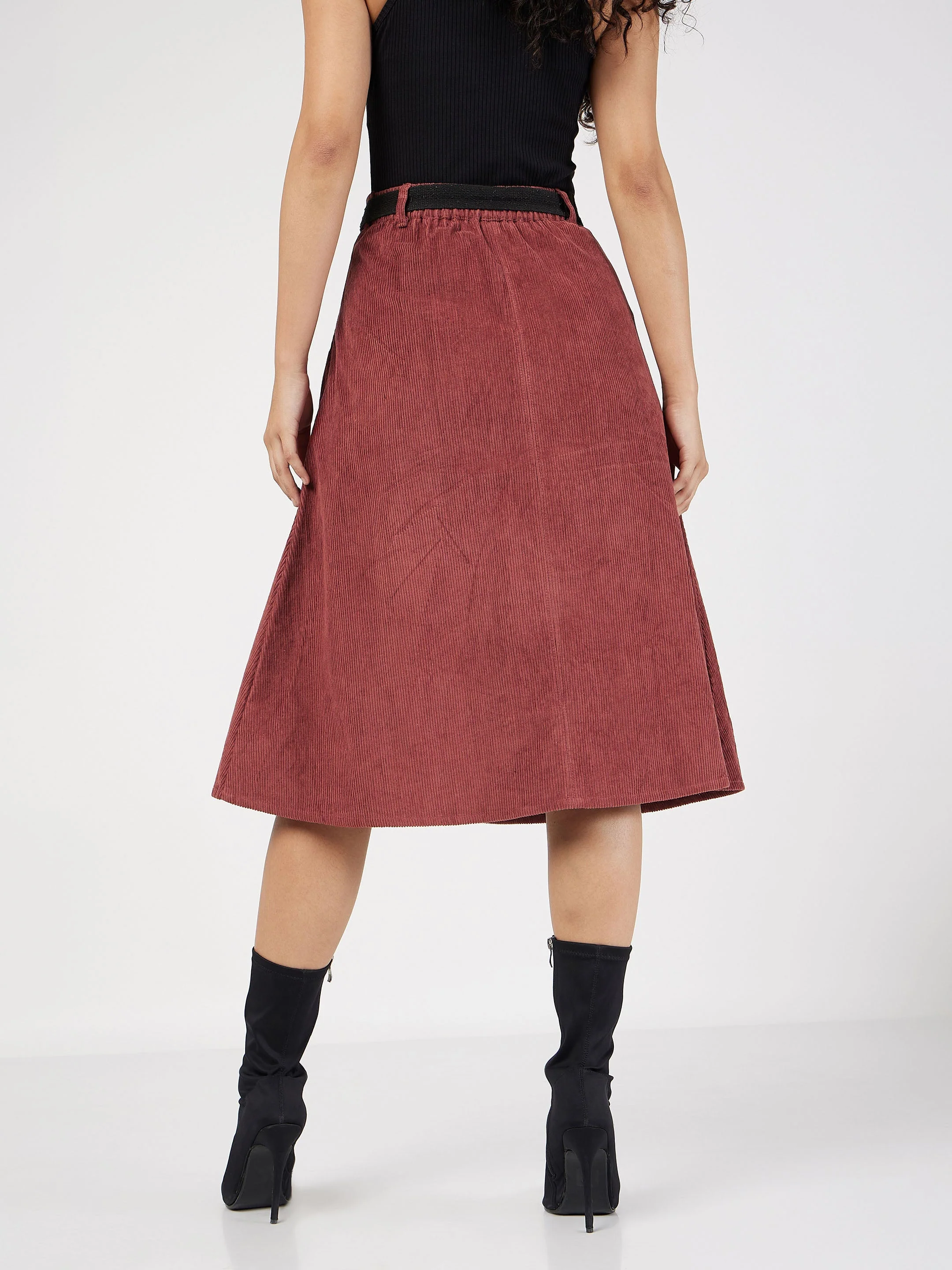 Women Rust Corduroy A-Line Midi Skirt - Image 5