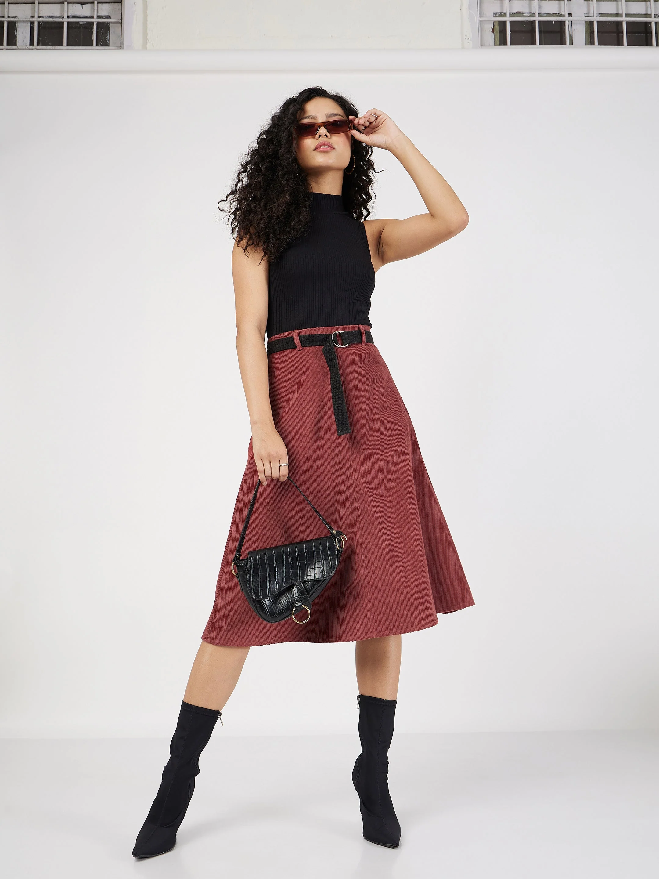 Women Rust Corduroy A-Line Midi Skirt - Image 6