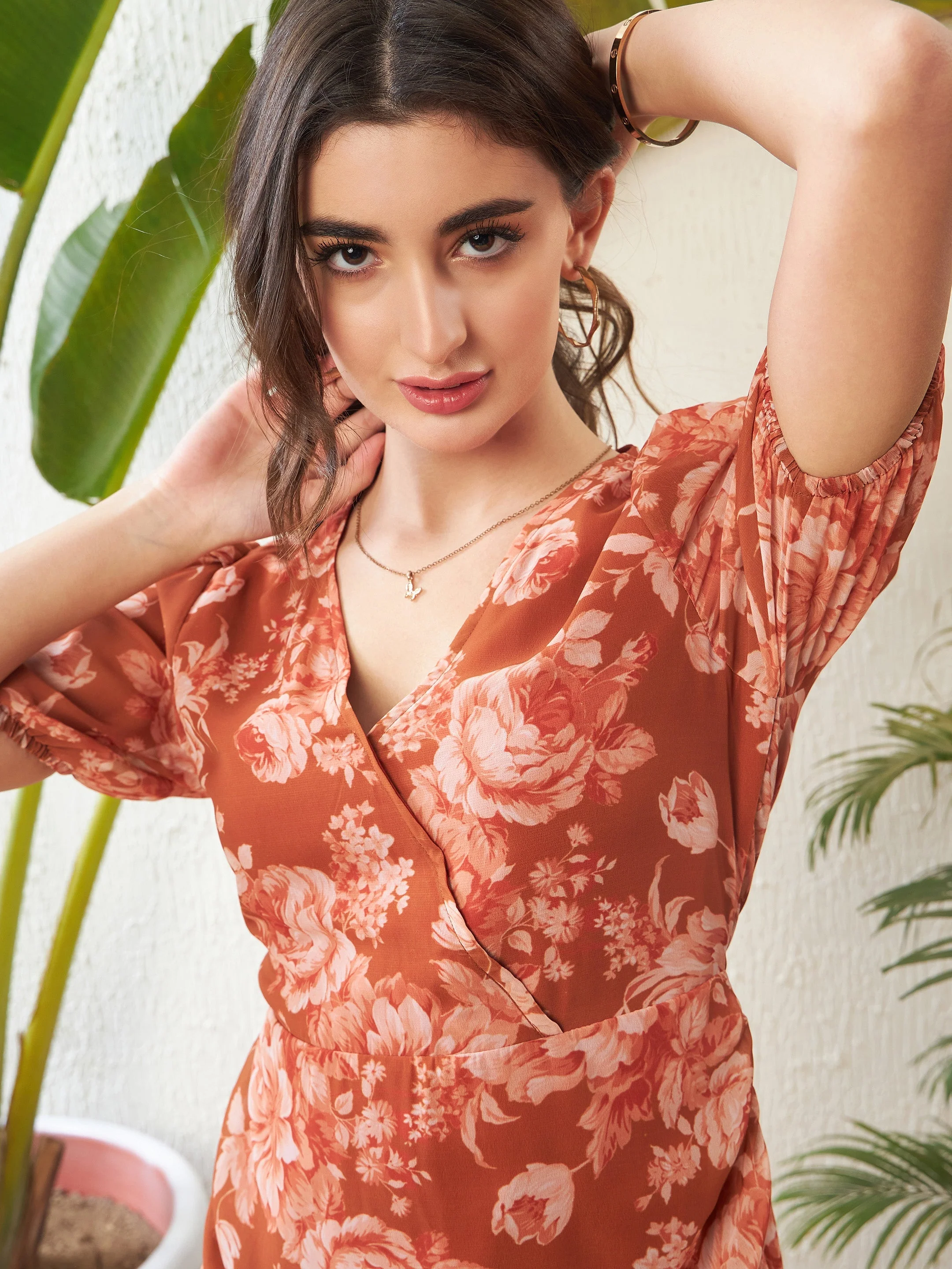 Women Rust Floral Frill Hem Ruched Mini Dress - Image 3