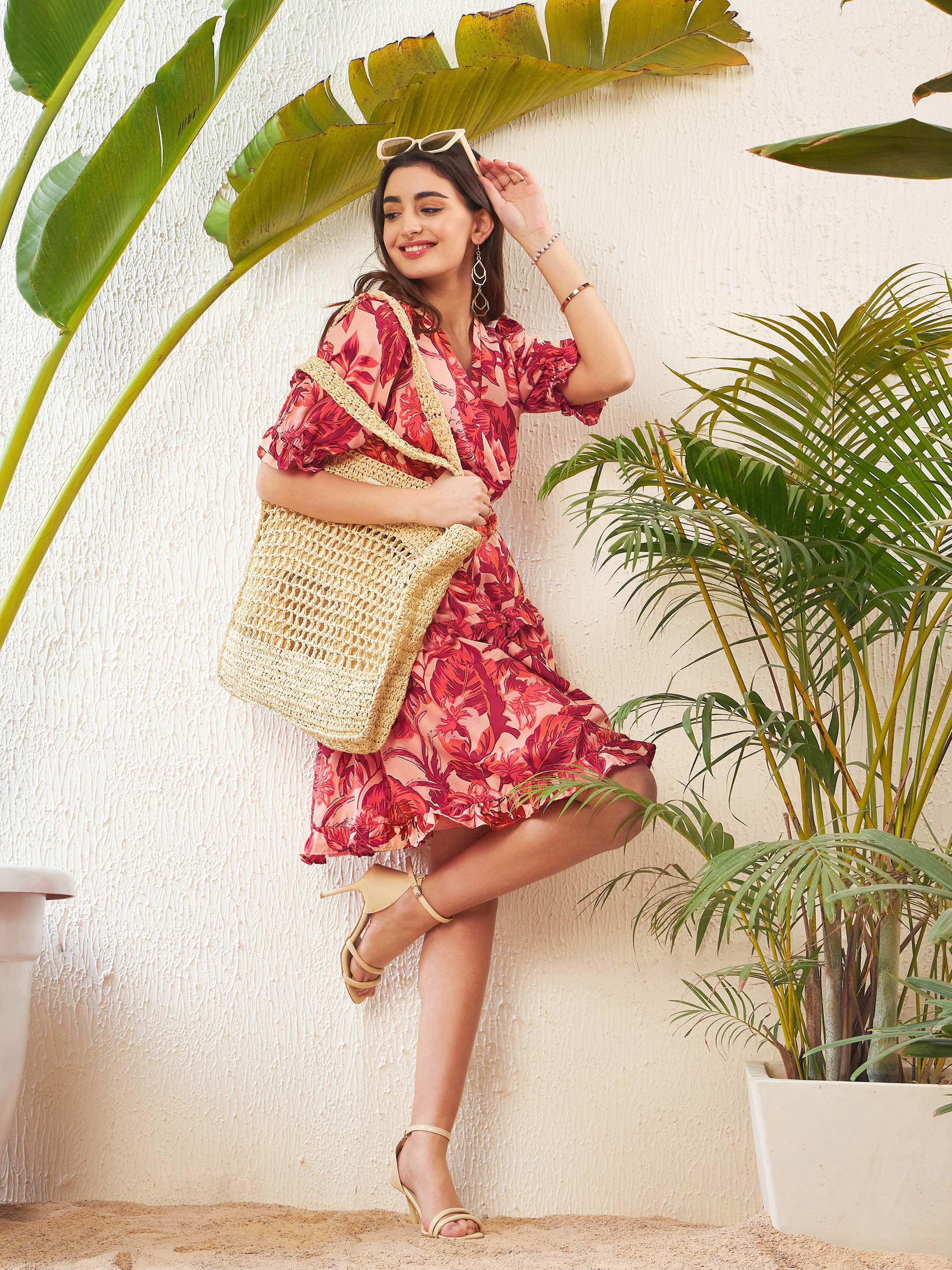 Women Rust Floral Printed Waist Cut Out Tiered Dress - Image 2