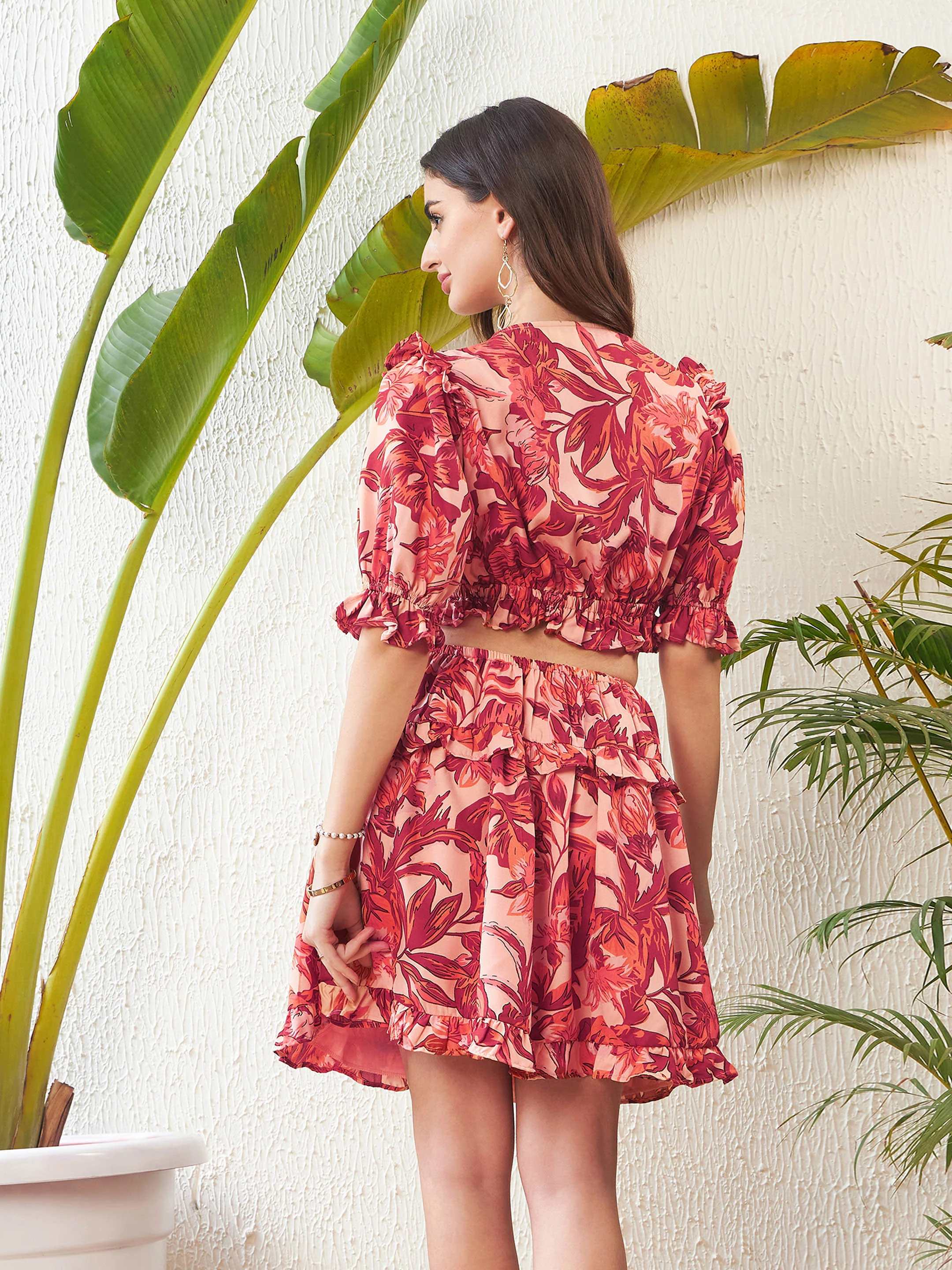 Women Rust Floral Printed Waist Cut Out Tiered Dress - Image 6