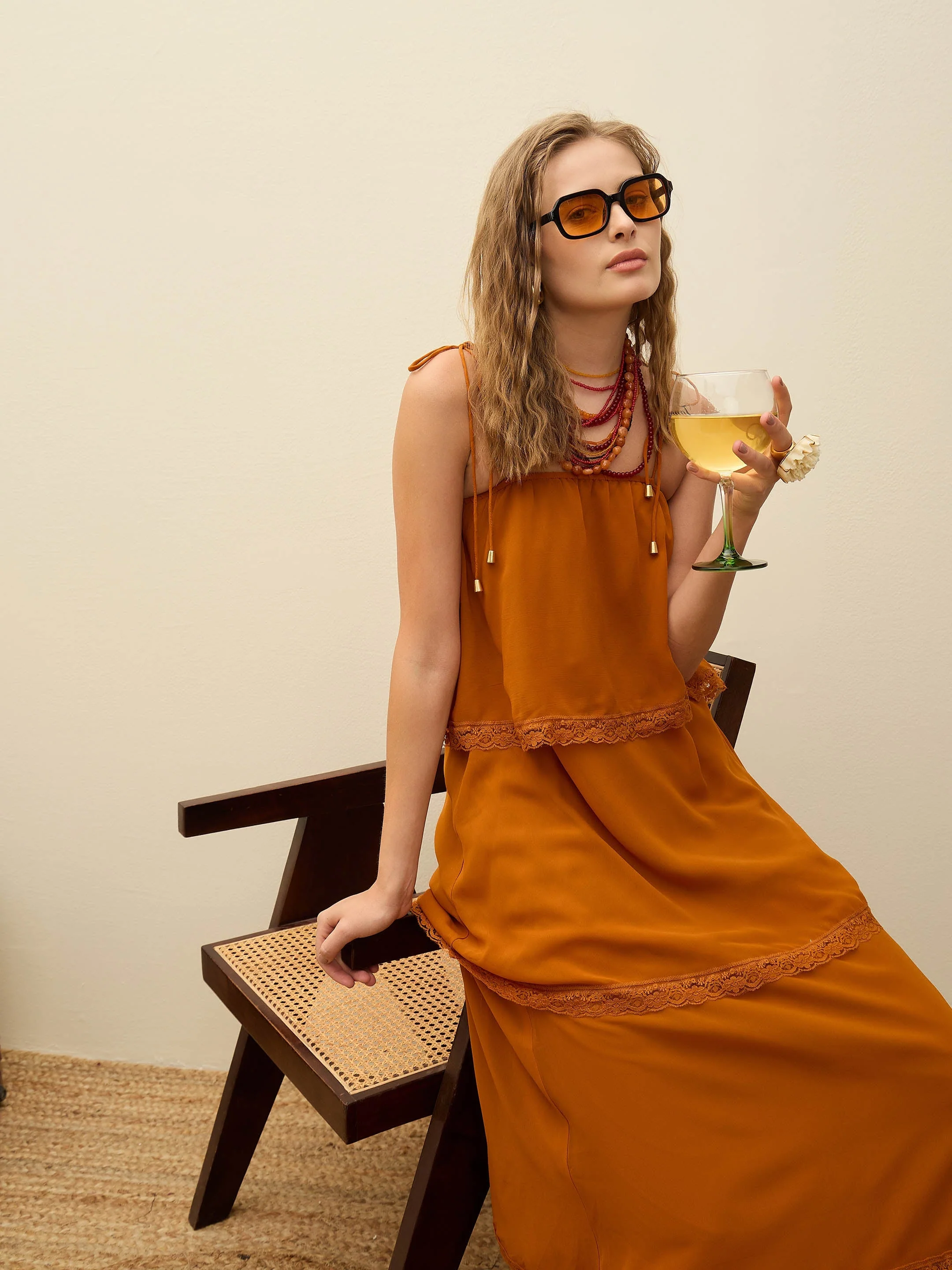 Women Rust Frill Strappy Maxi Dress - Image 2