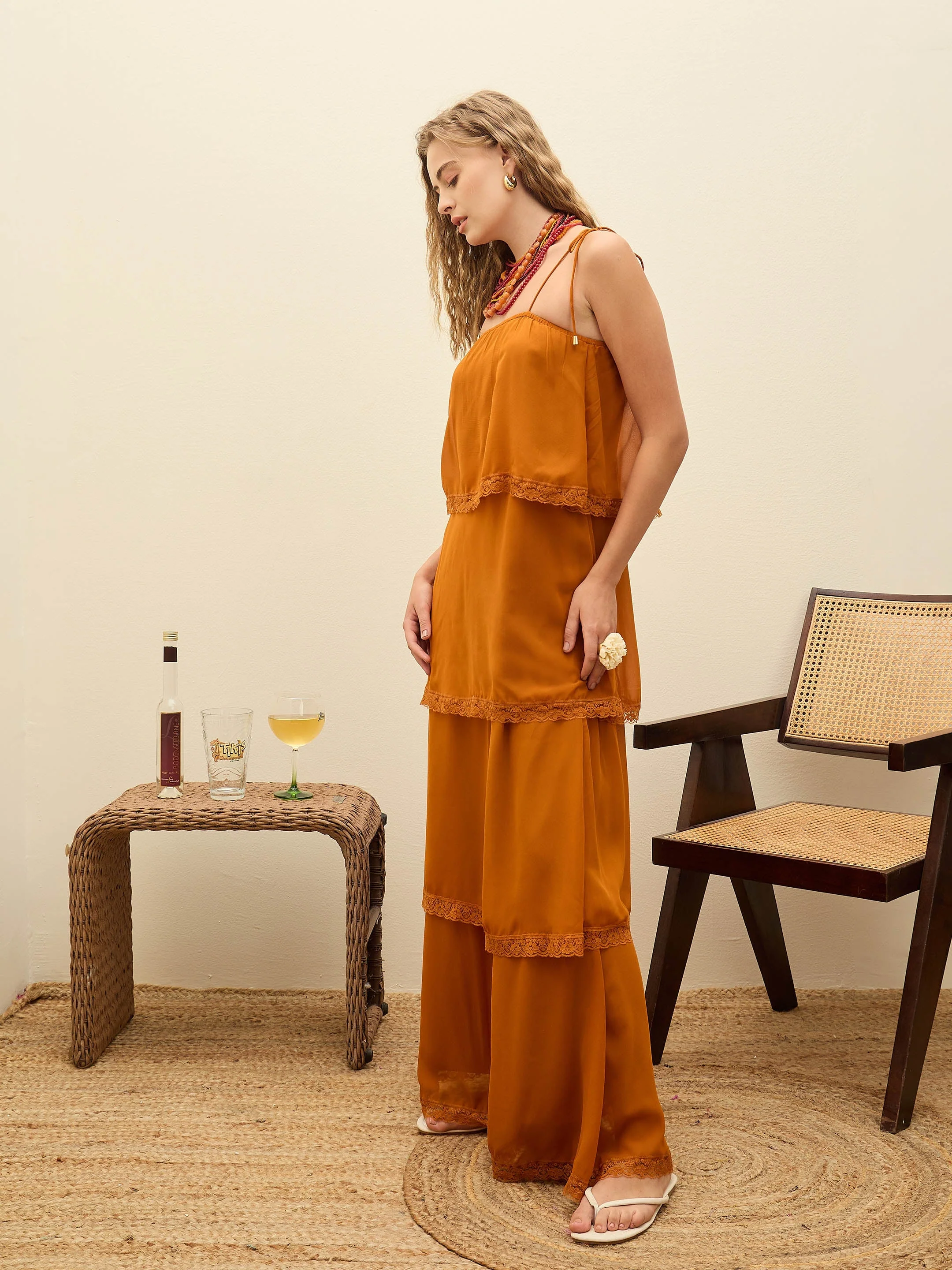 Women Rust Frill Strappy Maxi Dress - Image 3