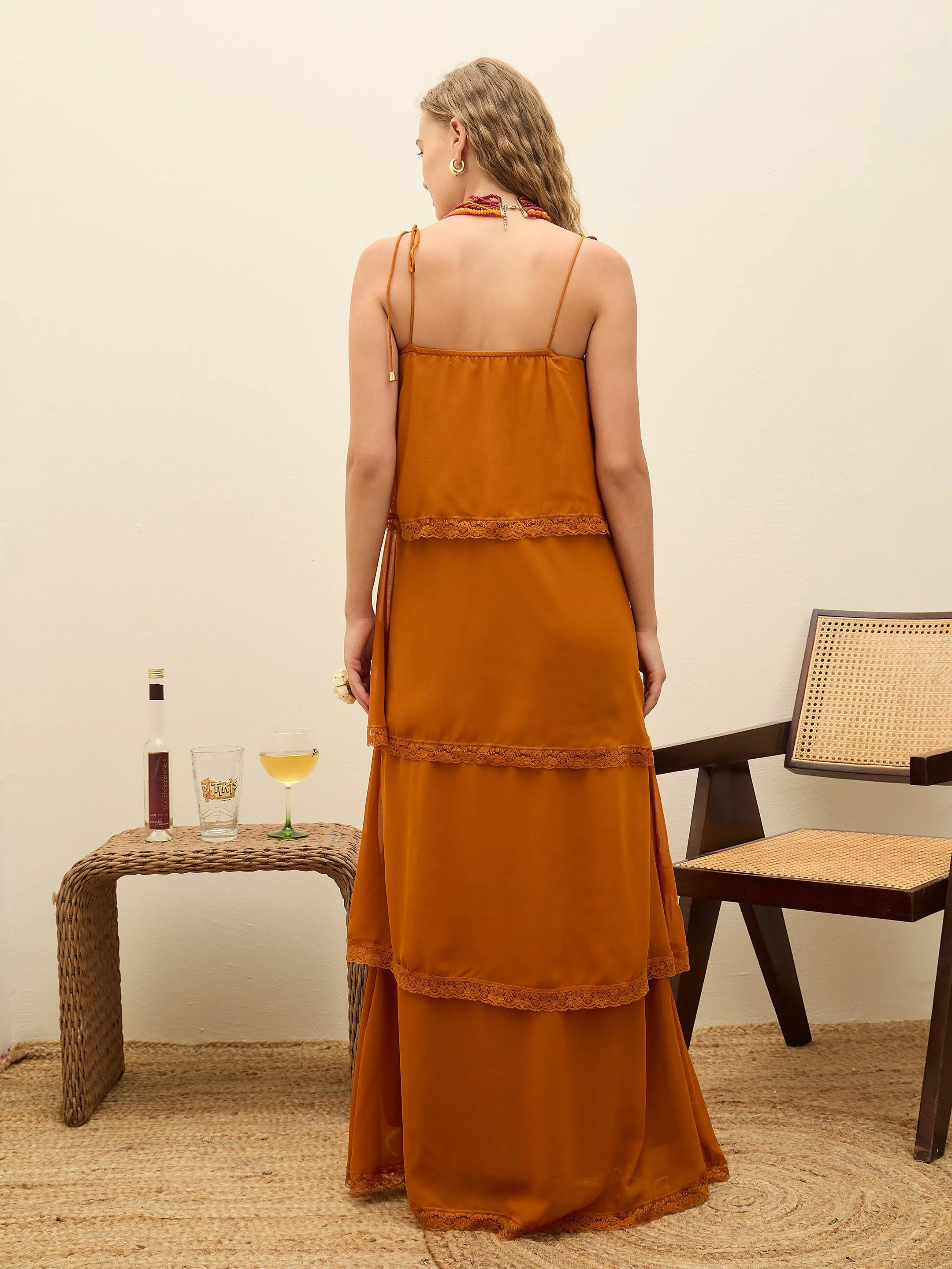 Women Rust Frill Strappy Maxi Dress - Image 5