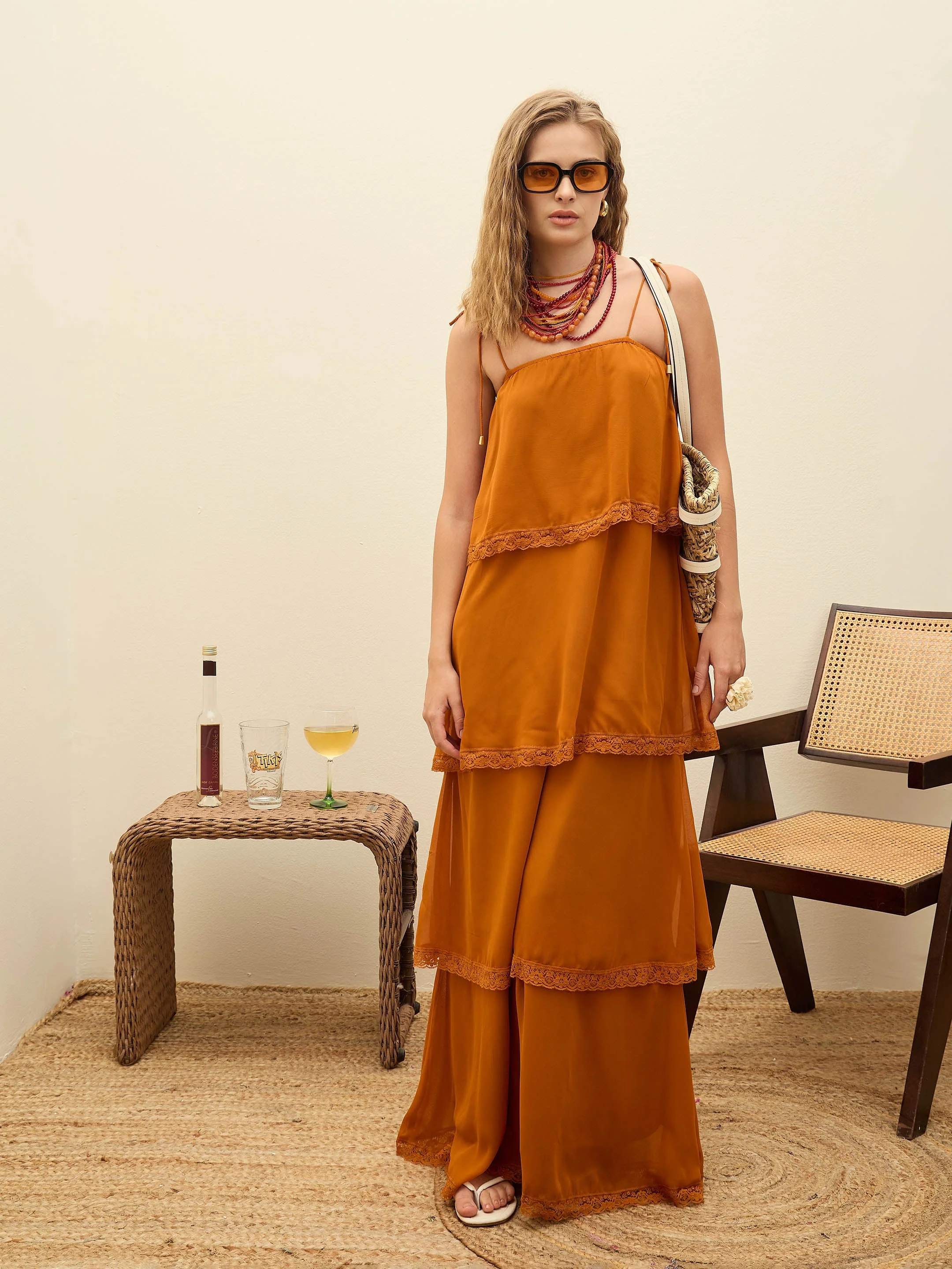 Women Rust Frill Strappy Maxi Dress - Image 6