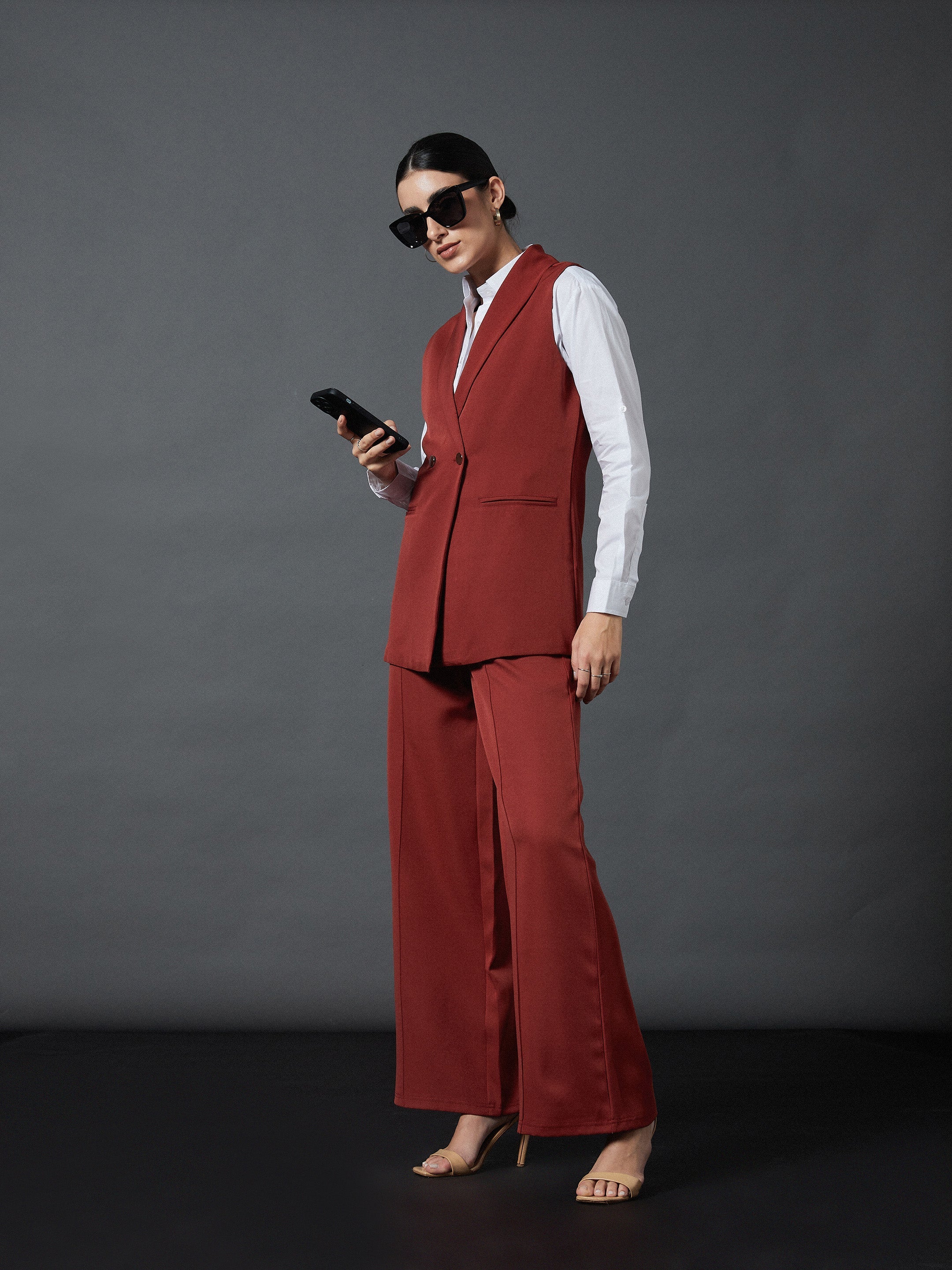 Women Rust Front Darted Palazzo Pants - Image 2