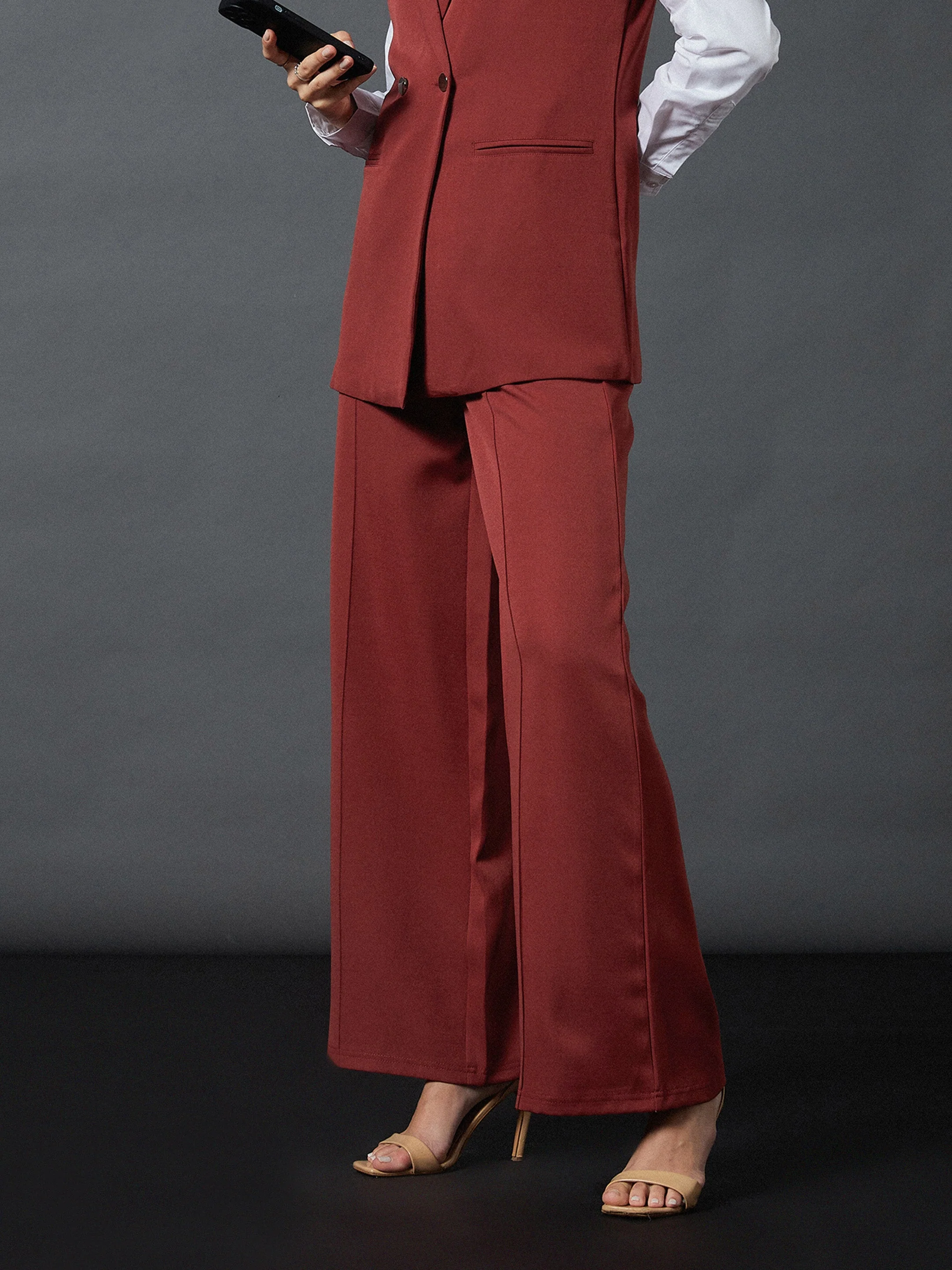 Women Rust Front Darted Palazzo Pants - Image 3