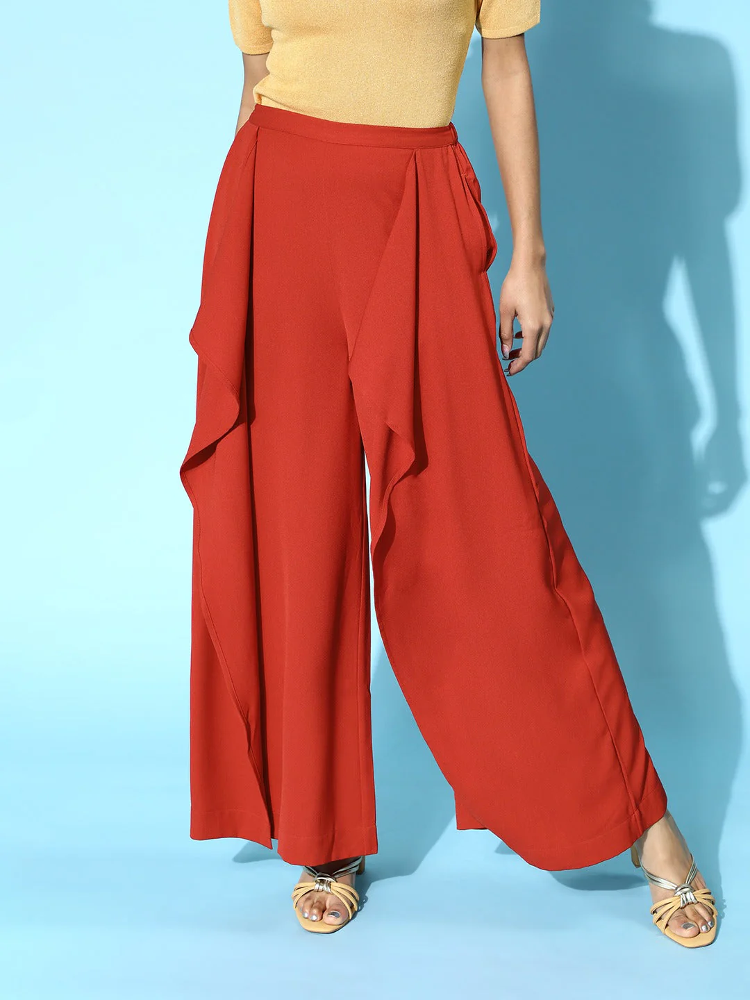 Women Rust Front Frill Pants - Image 3