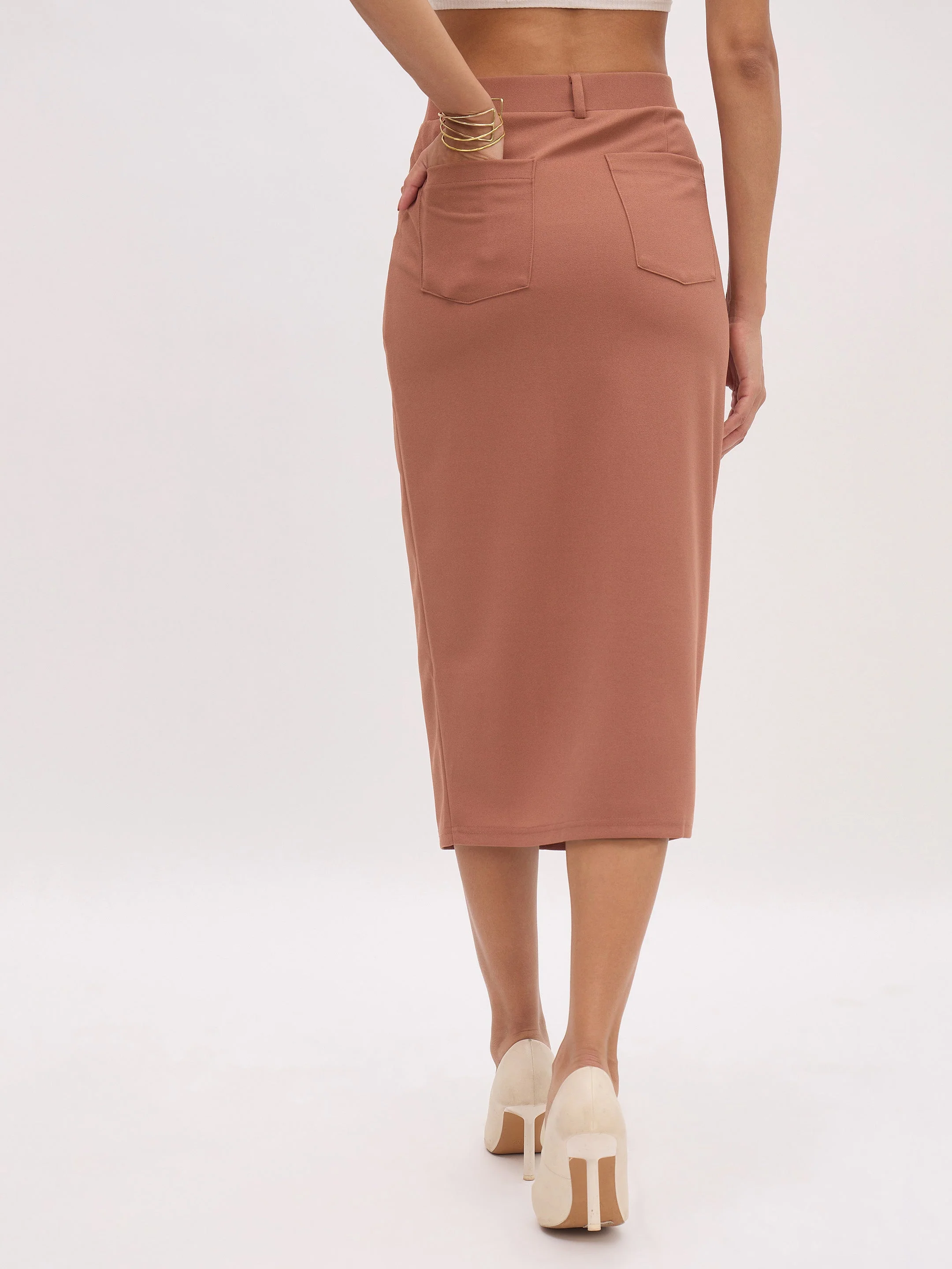 Women Rust Front Slit Midi Skirt - Image 5