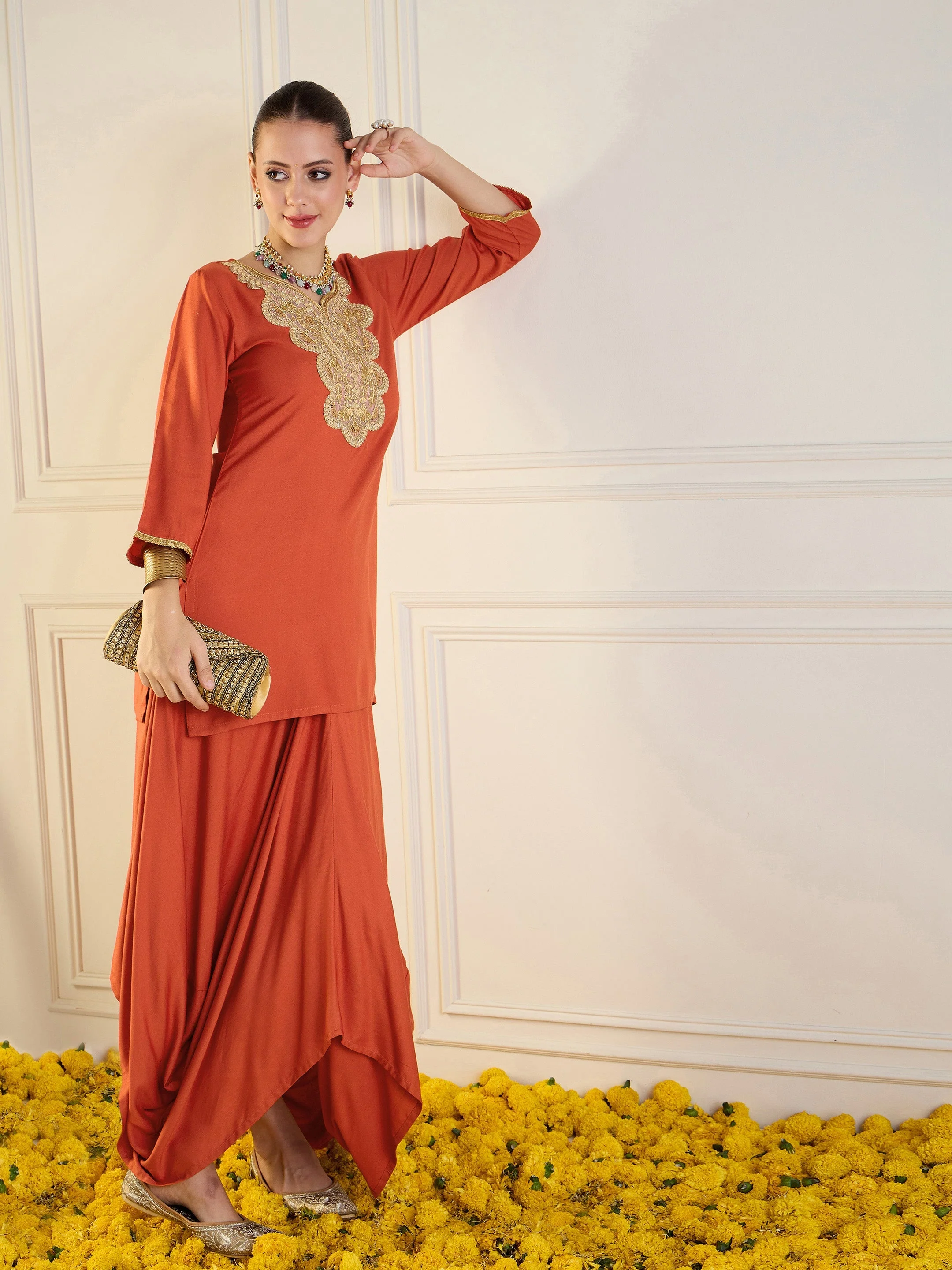 Women Rust Rayon Embroidered Short Kurta With Dhoti Skirt - Image 2
