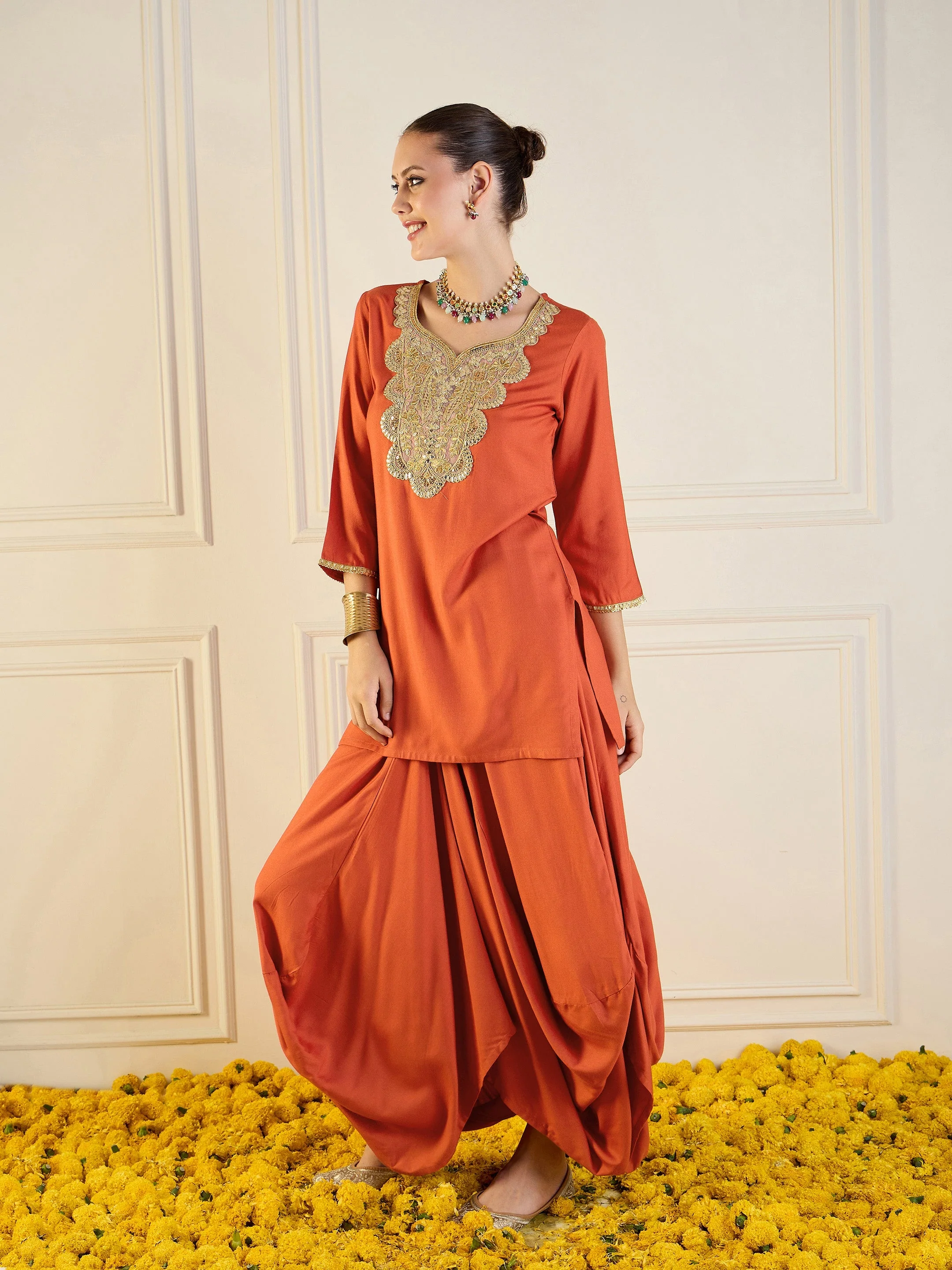 Women Rust Rayon Embroidered Short Kurta With Dhoti Skirt - Image 3