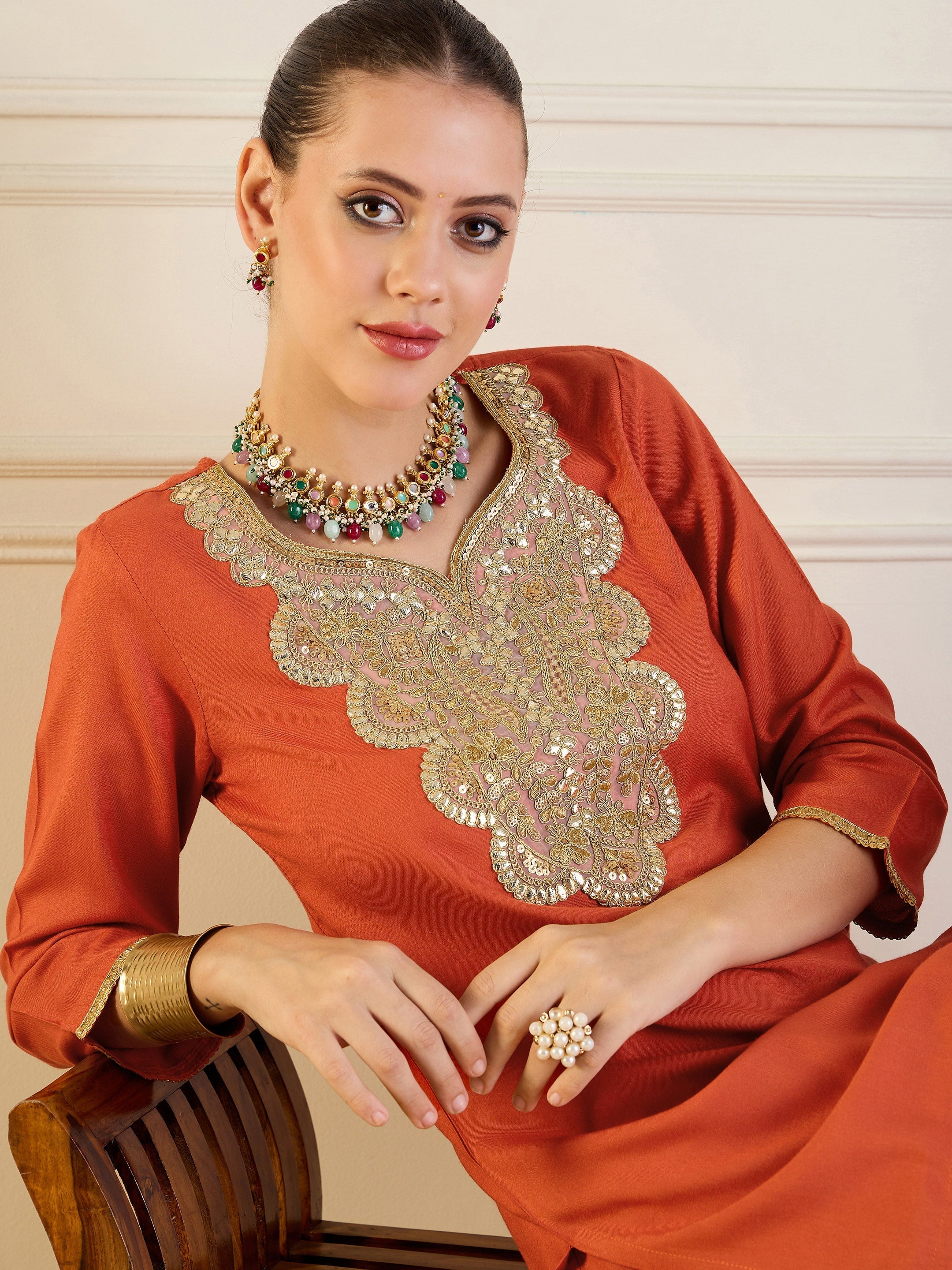Women Rust Rayon Embroidered Short Kurta With Dhoti Skirt - Image 4
