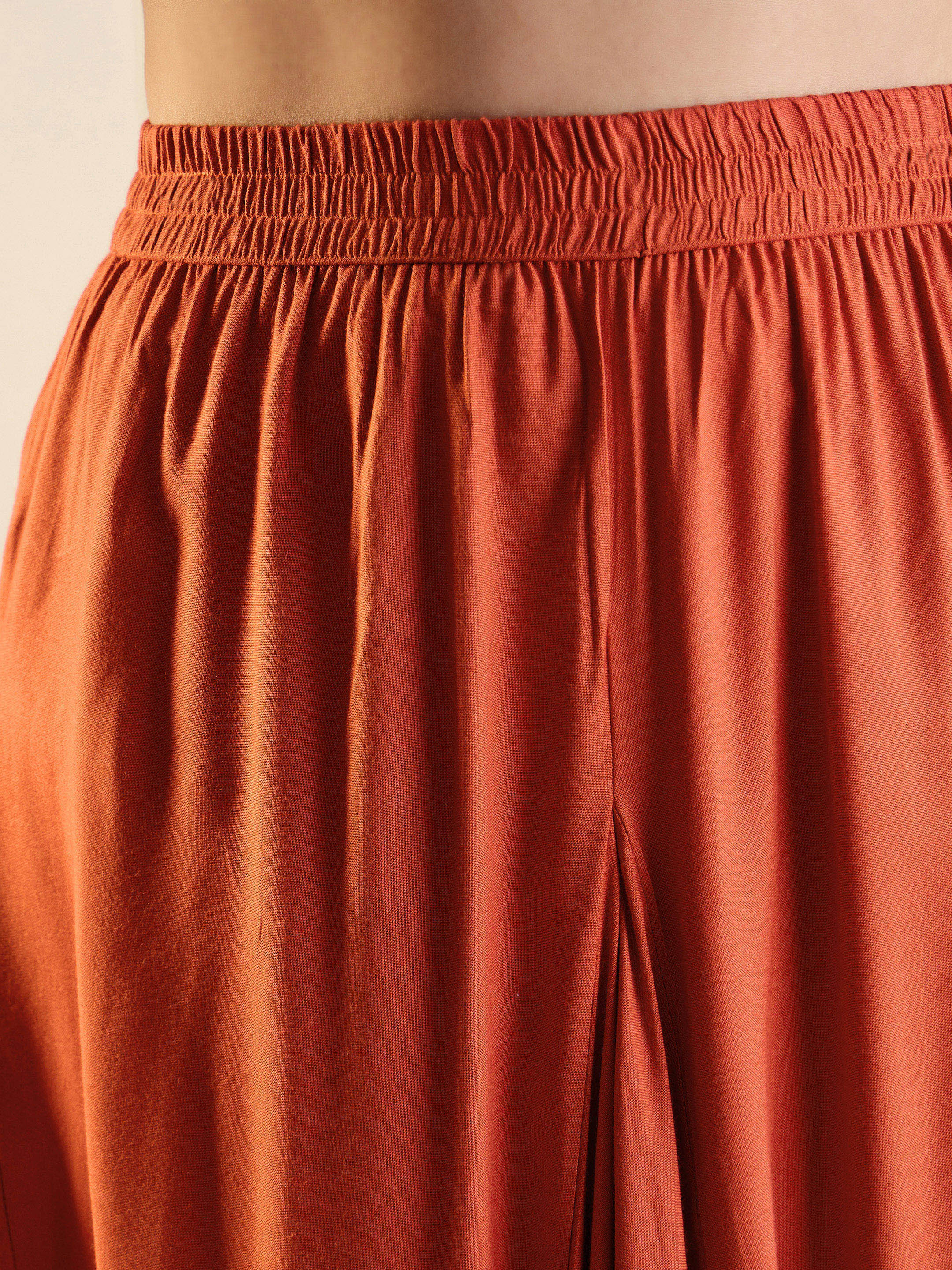 Women Rust Rayon Embroidered Short Kurta With Dhoti Skirt - Image 5