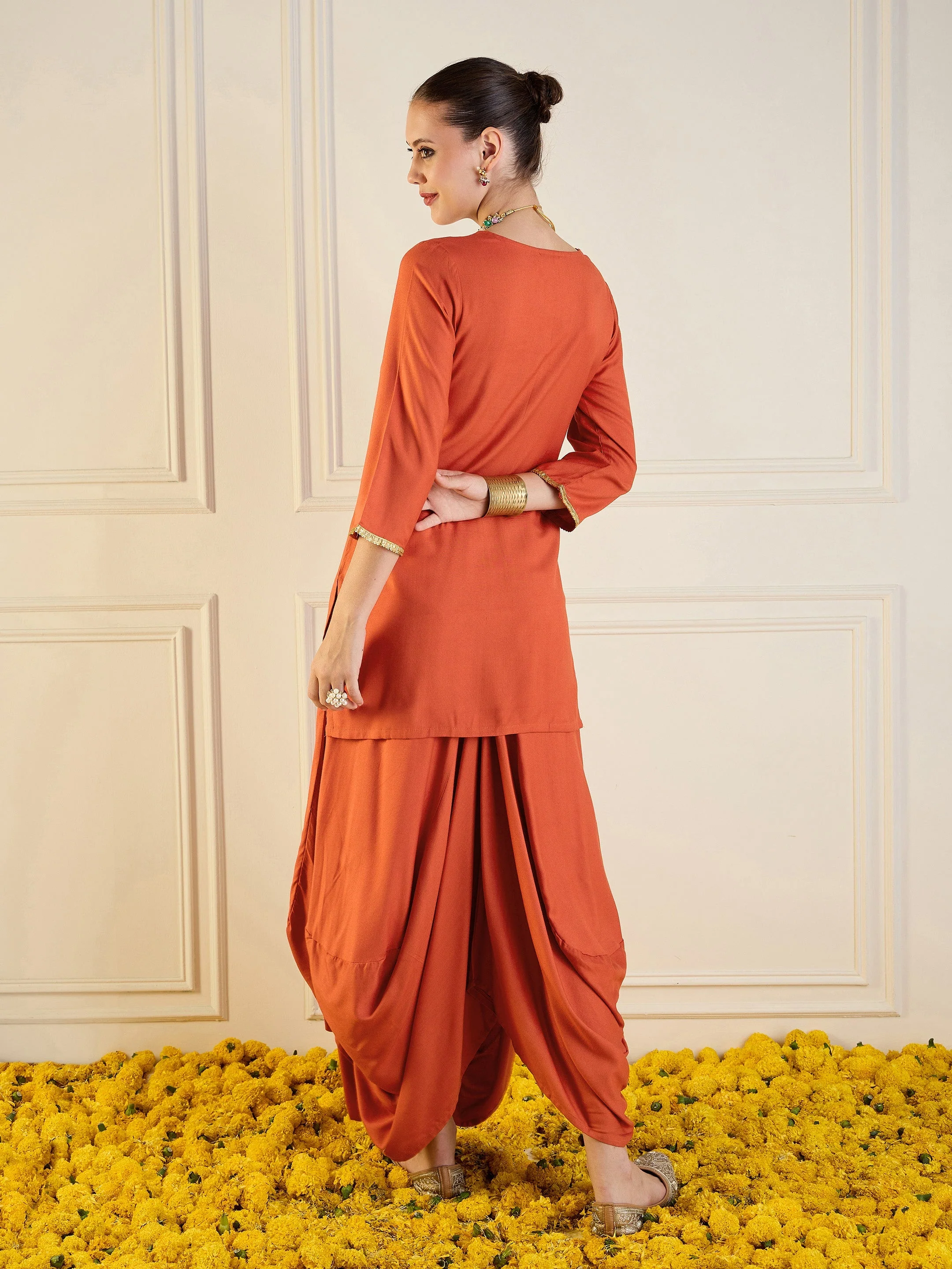 Women Rust Rayon Embroidered Short Kurta With Dhoti Skirt - Image 6