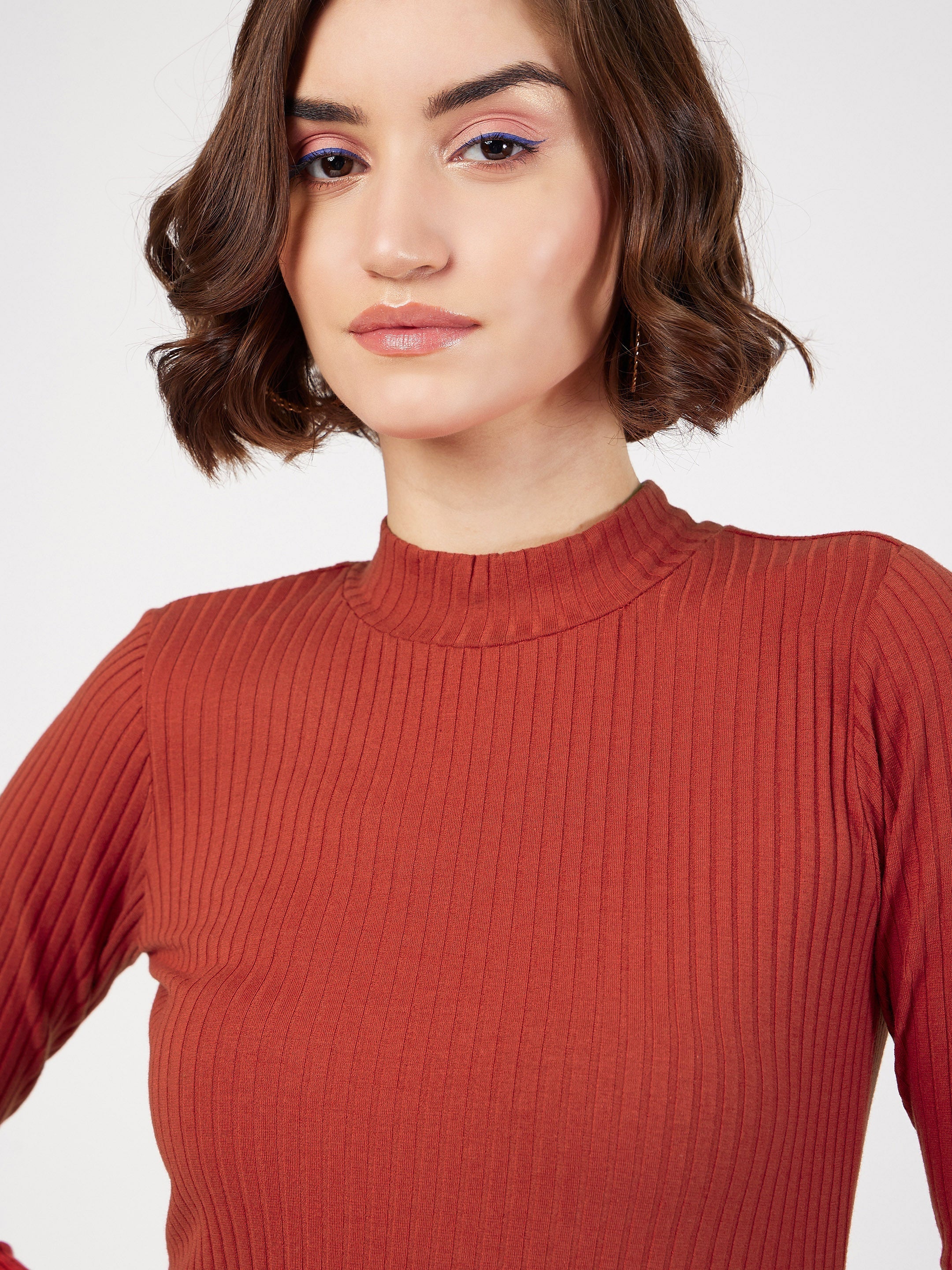 Women Rust Rib Turtle Neck Front Slit Dress - Image 4