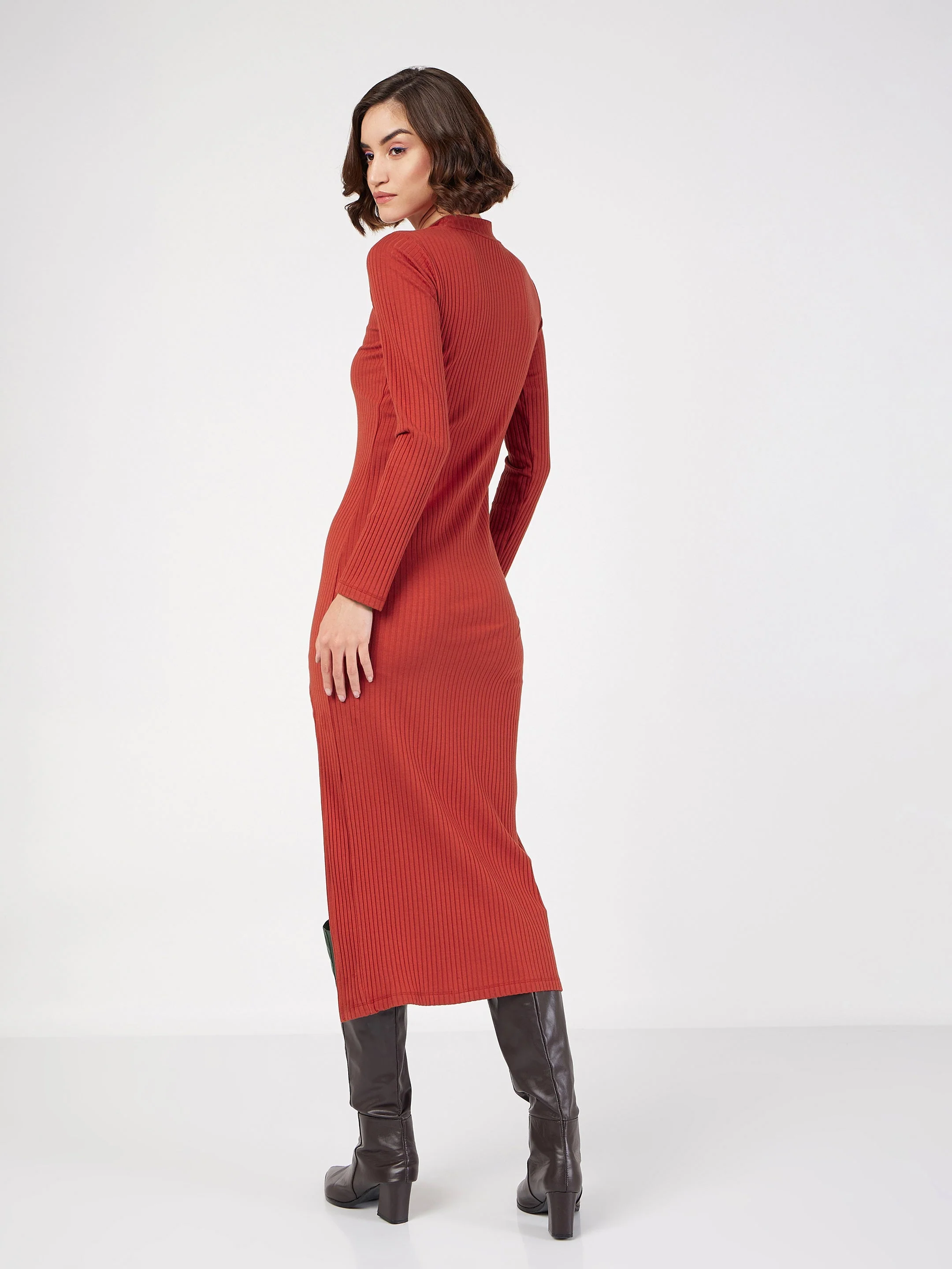 Women Rust Rib Turtle Neck Front Slit Dress - Image 5