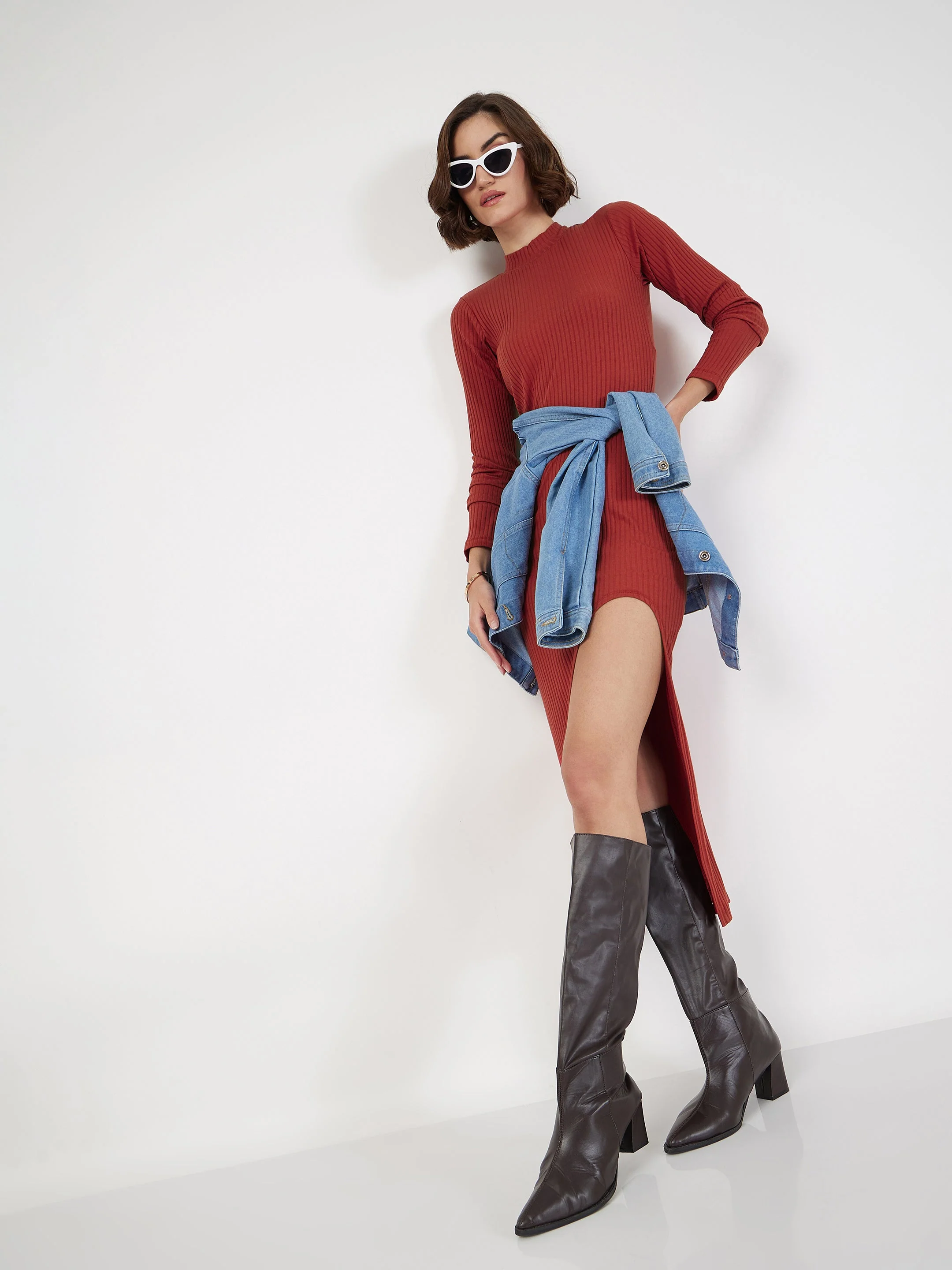 Women Rust Rib Turtle Neck Front Slit Dress - Image 6