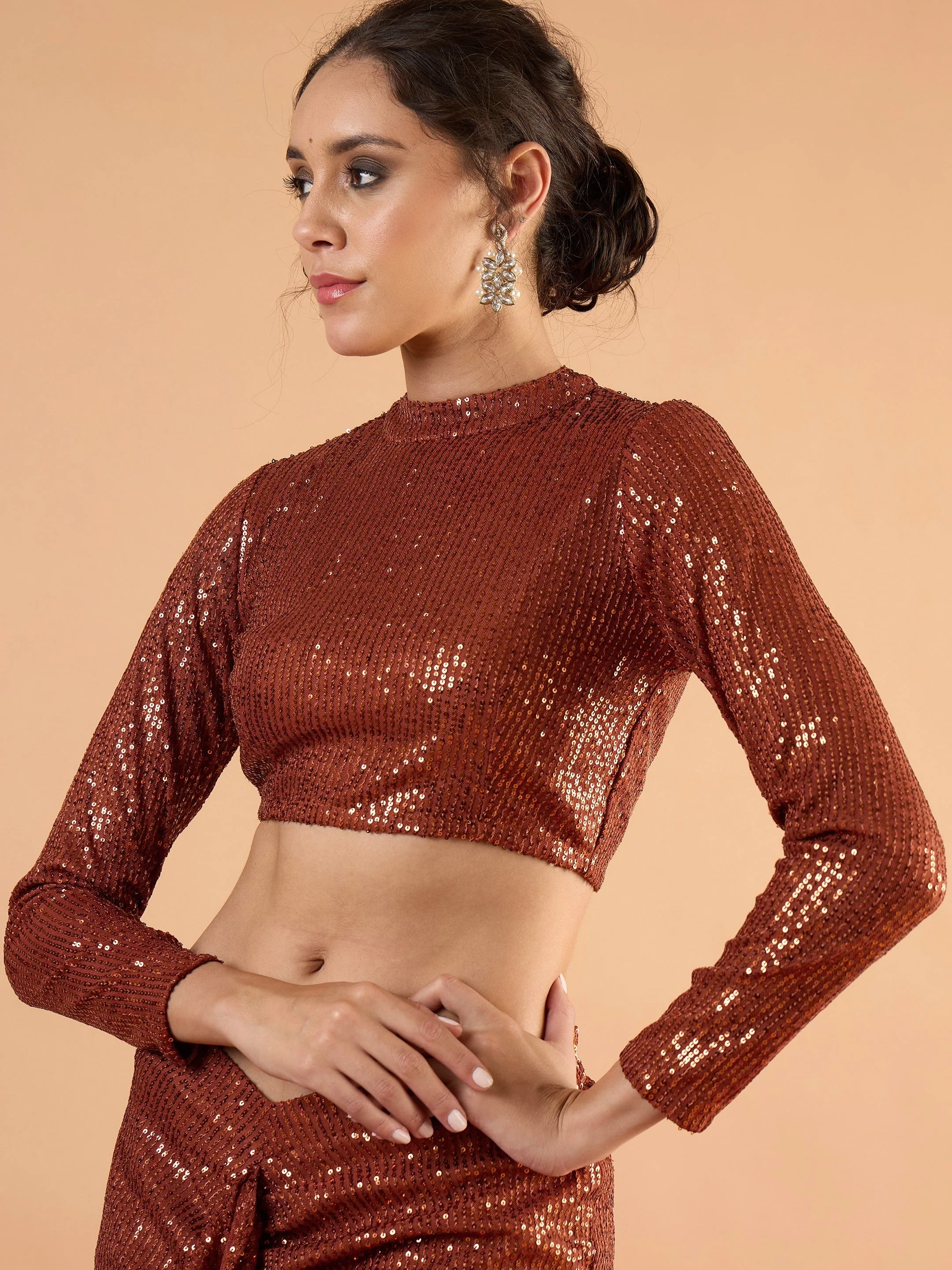 Women Rust sequence Crop Top With Front Frill Skirt - Image 2