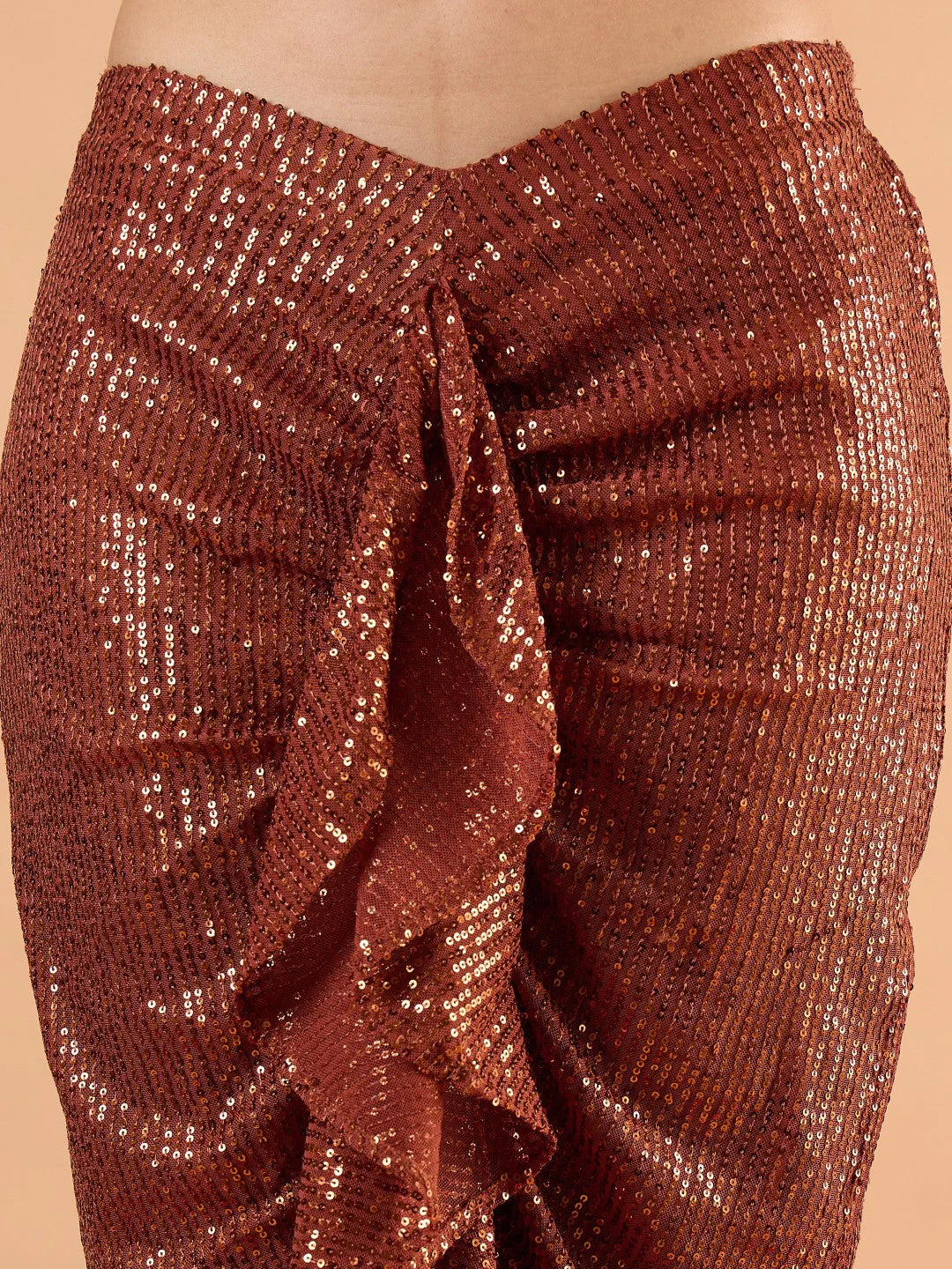 Women Rust sequence Crop Top With Front Frill Skirt - Image 3