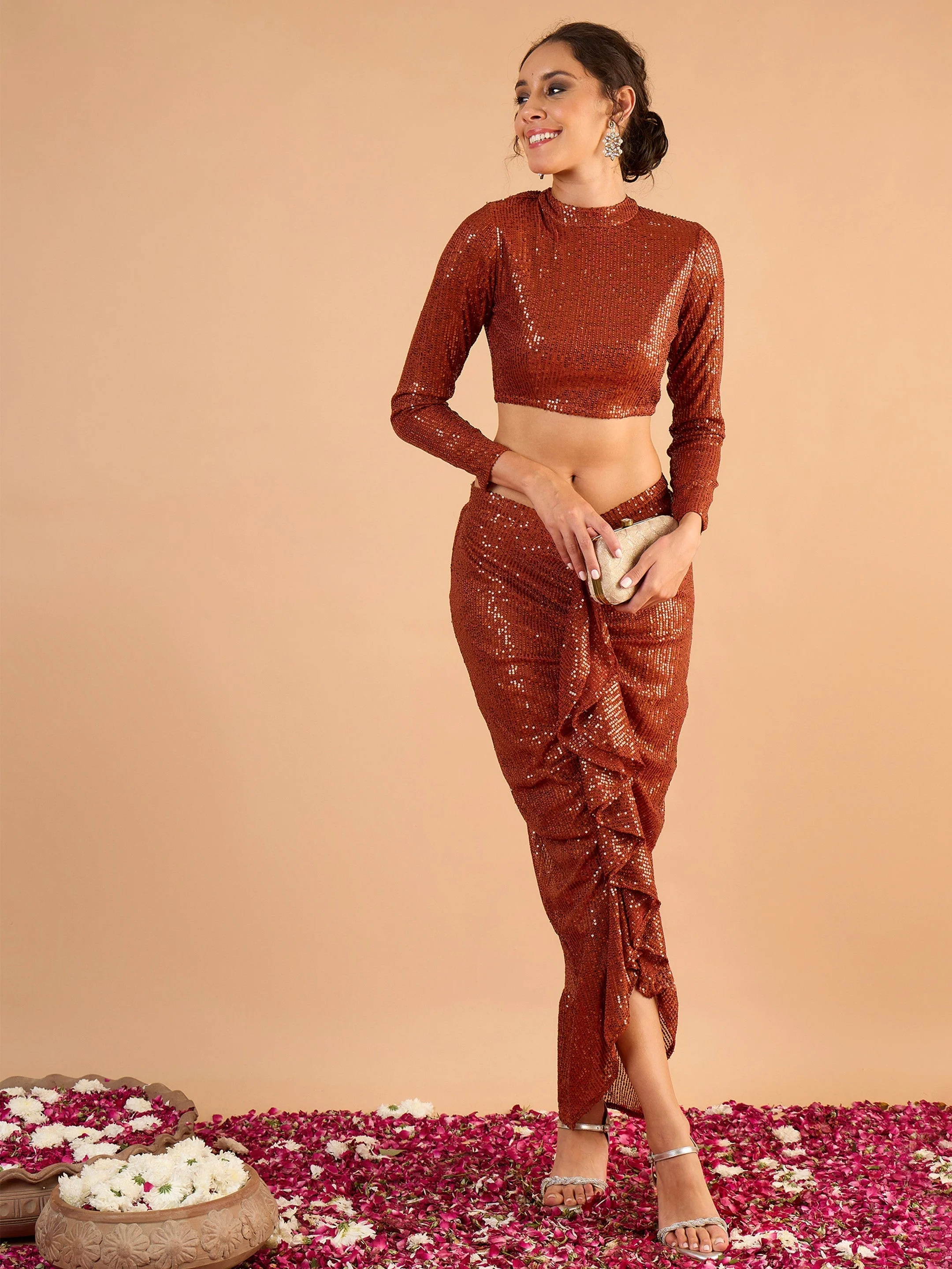 Women Rust sequence Crop Top With Front Frill Skirt - Image 4