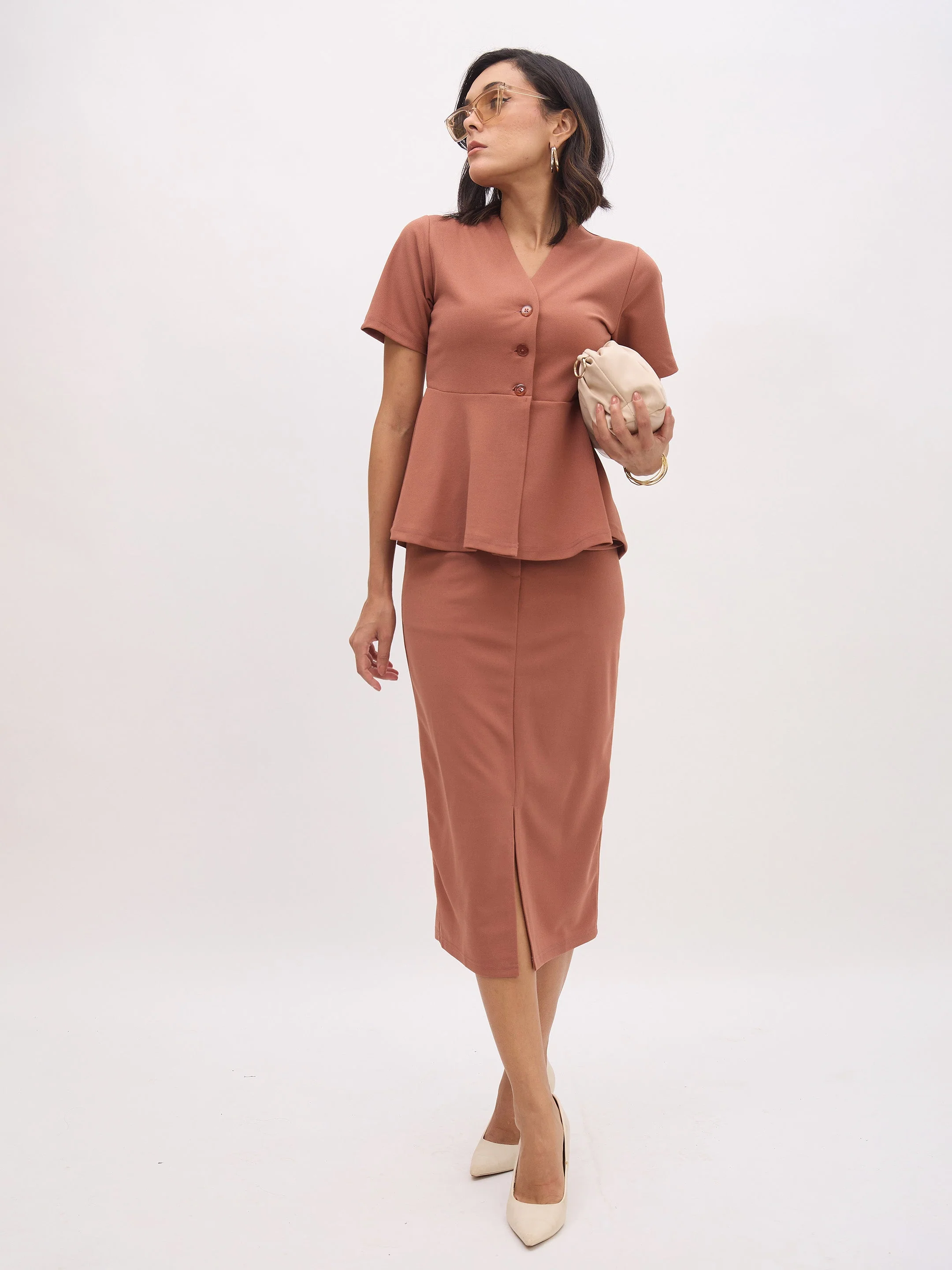 Women Rust V Neck Half Sleeve Peplum Top - Image 2