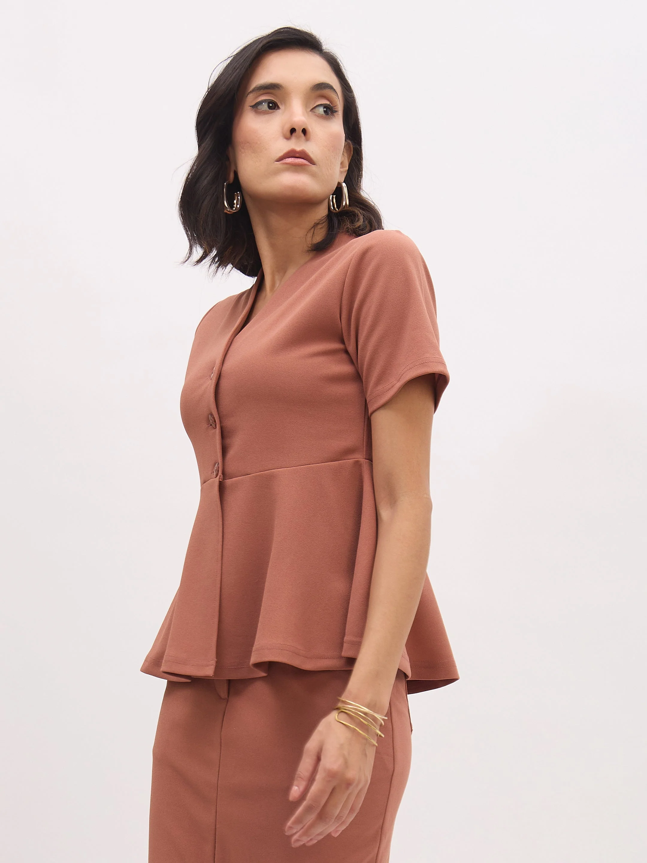 Women Rust V Neck Half Sleeve Peplum Top - Image 3