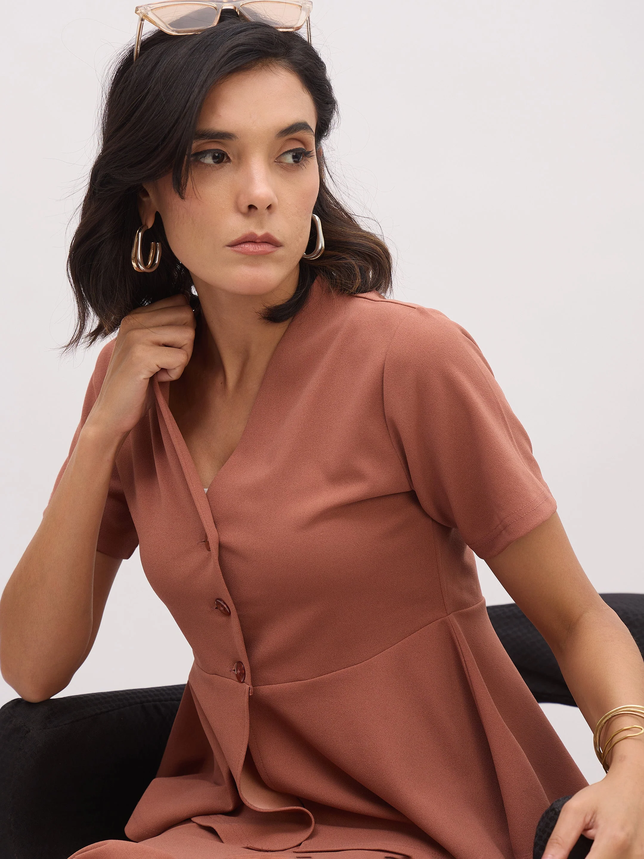 Women Rust V Neck Half Sleeve Peplum Top - Image 4