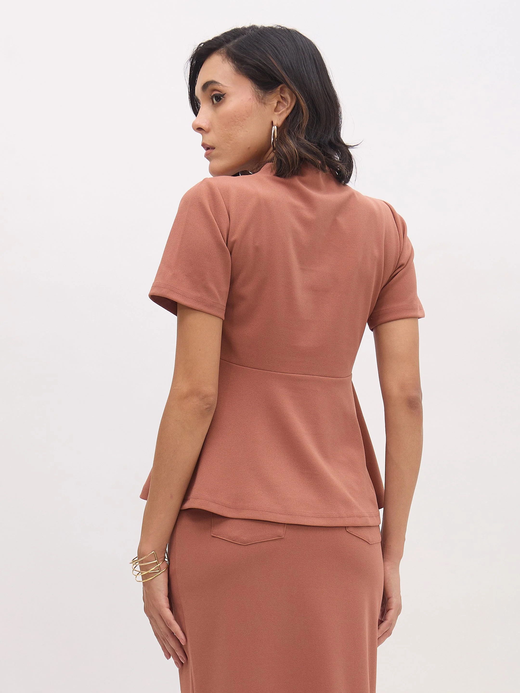 Women Rust V Neck Half Sleeve Peplum Top - Image 5