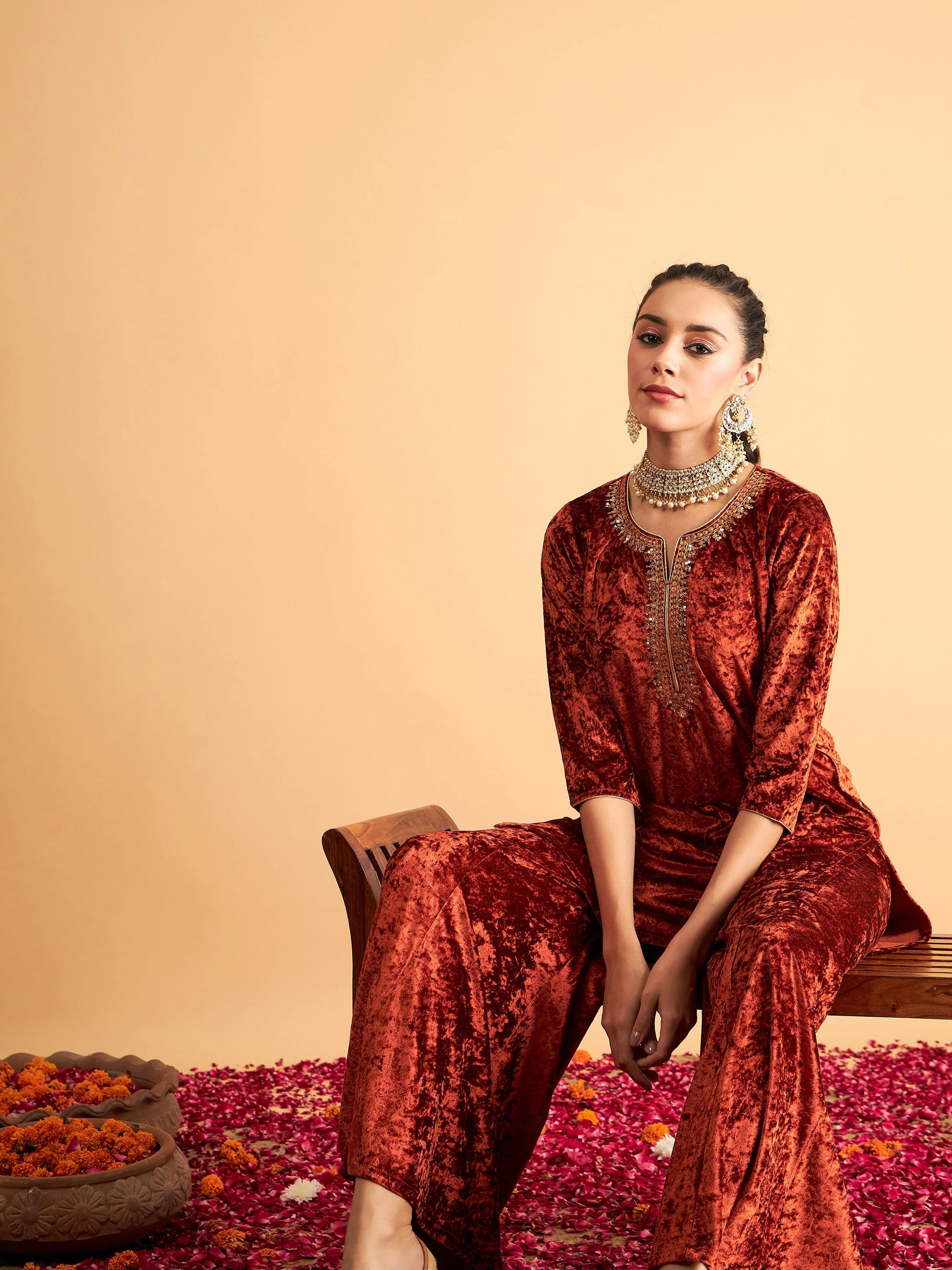 Women Rust Velvet Embroidered Short Kurta With Palazzos - Image 2