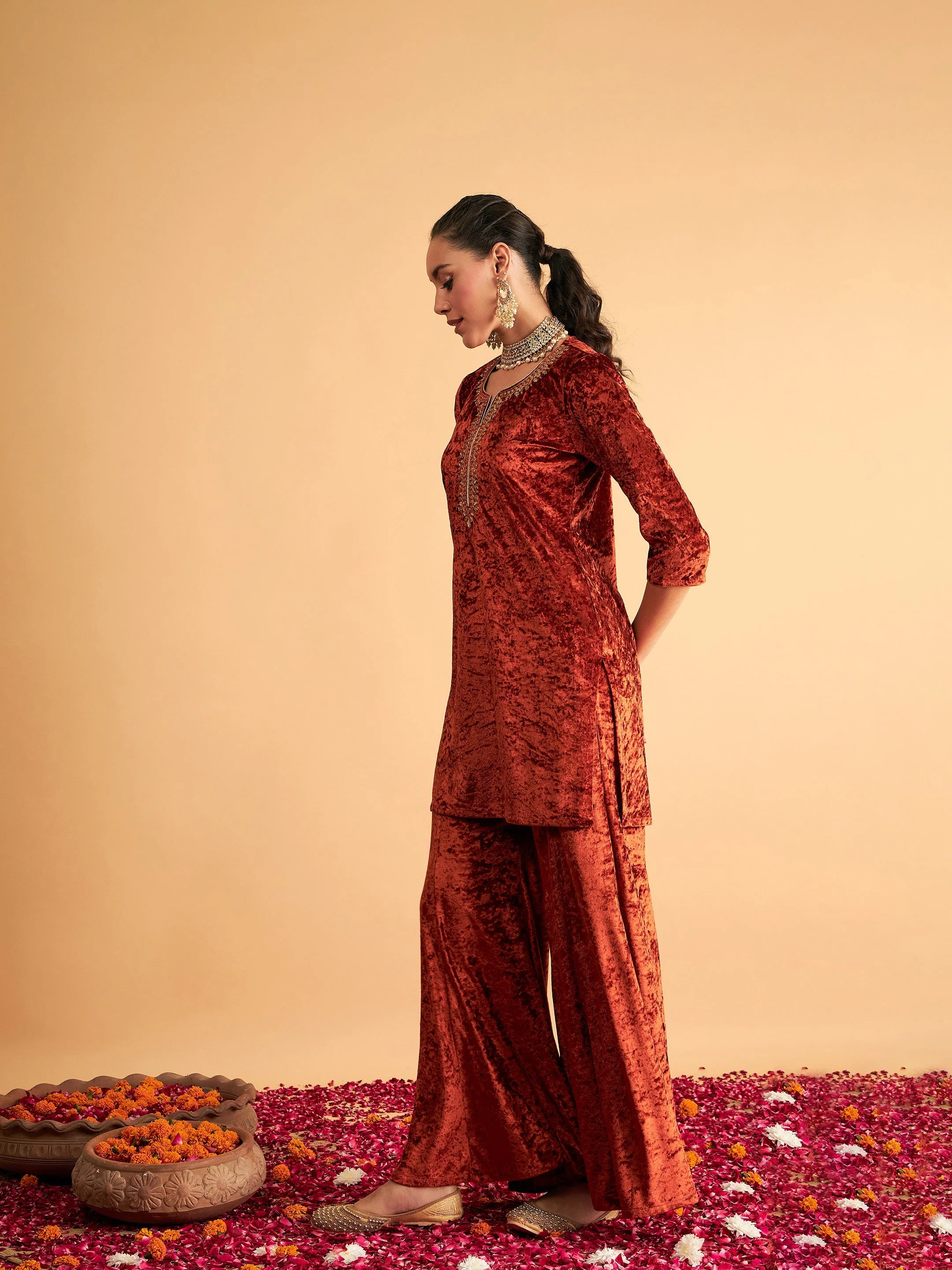 Women Rust Velvet Embroidered Short Kurta With Palazzos - Image 3