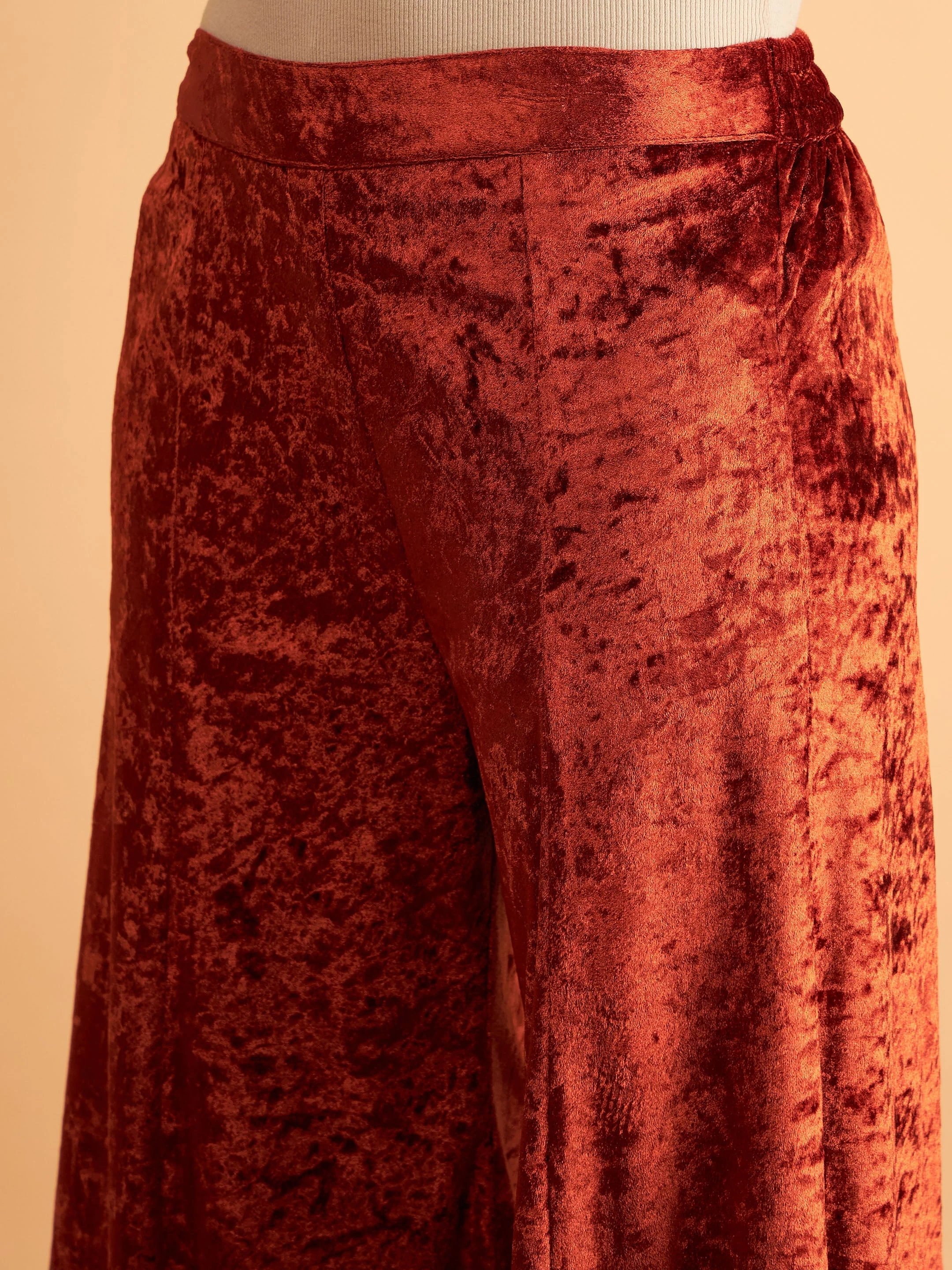 Women Rust Velvet Embroidered Short Kurta With Palazzos - Image 5