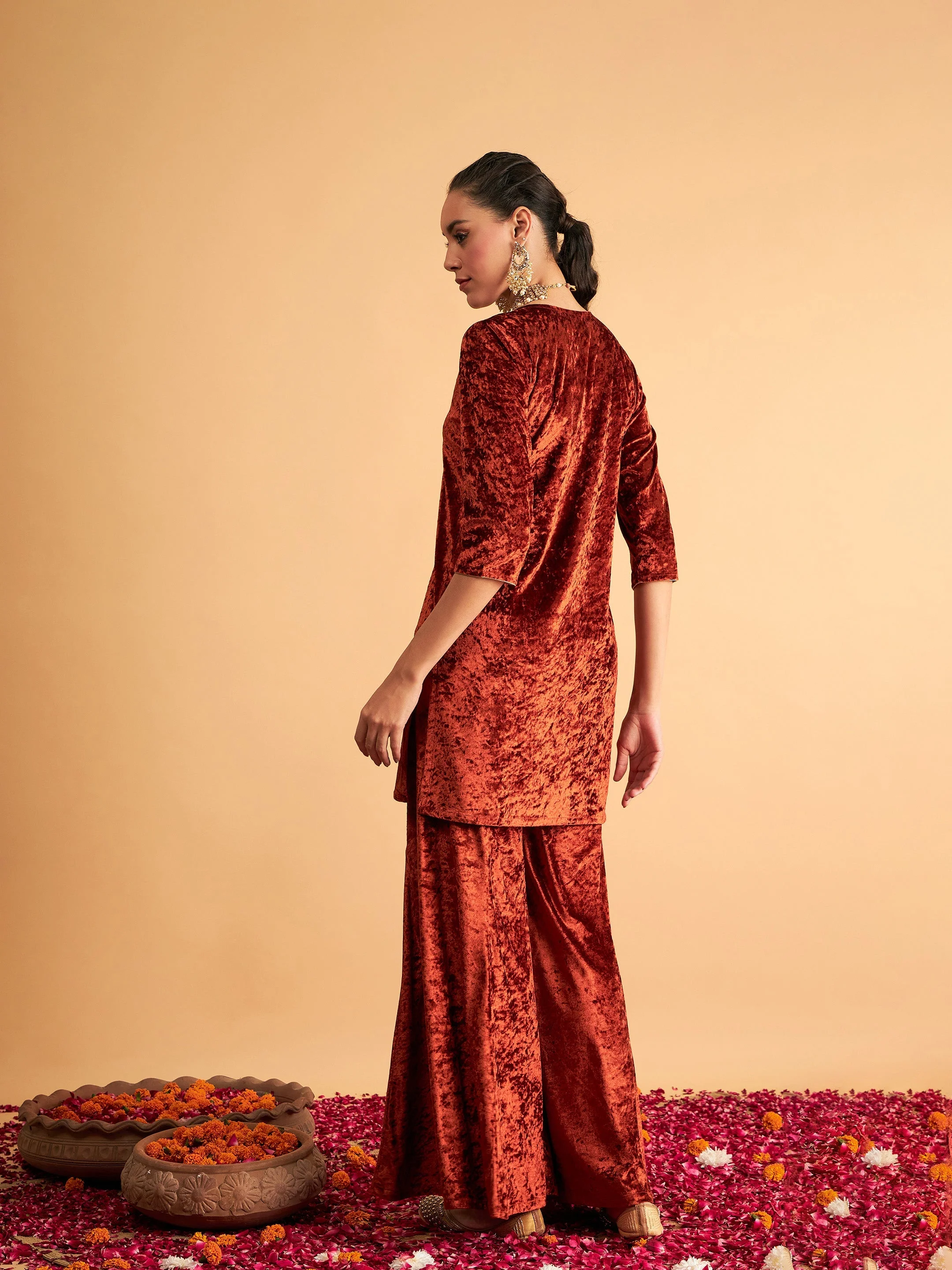 Women Rust Velvet Embroidered Short Kurta With Palazzos - Image 6