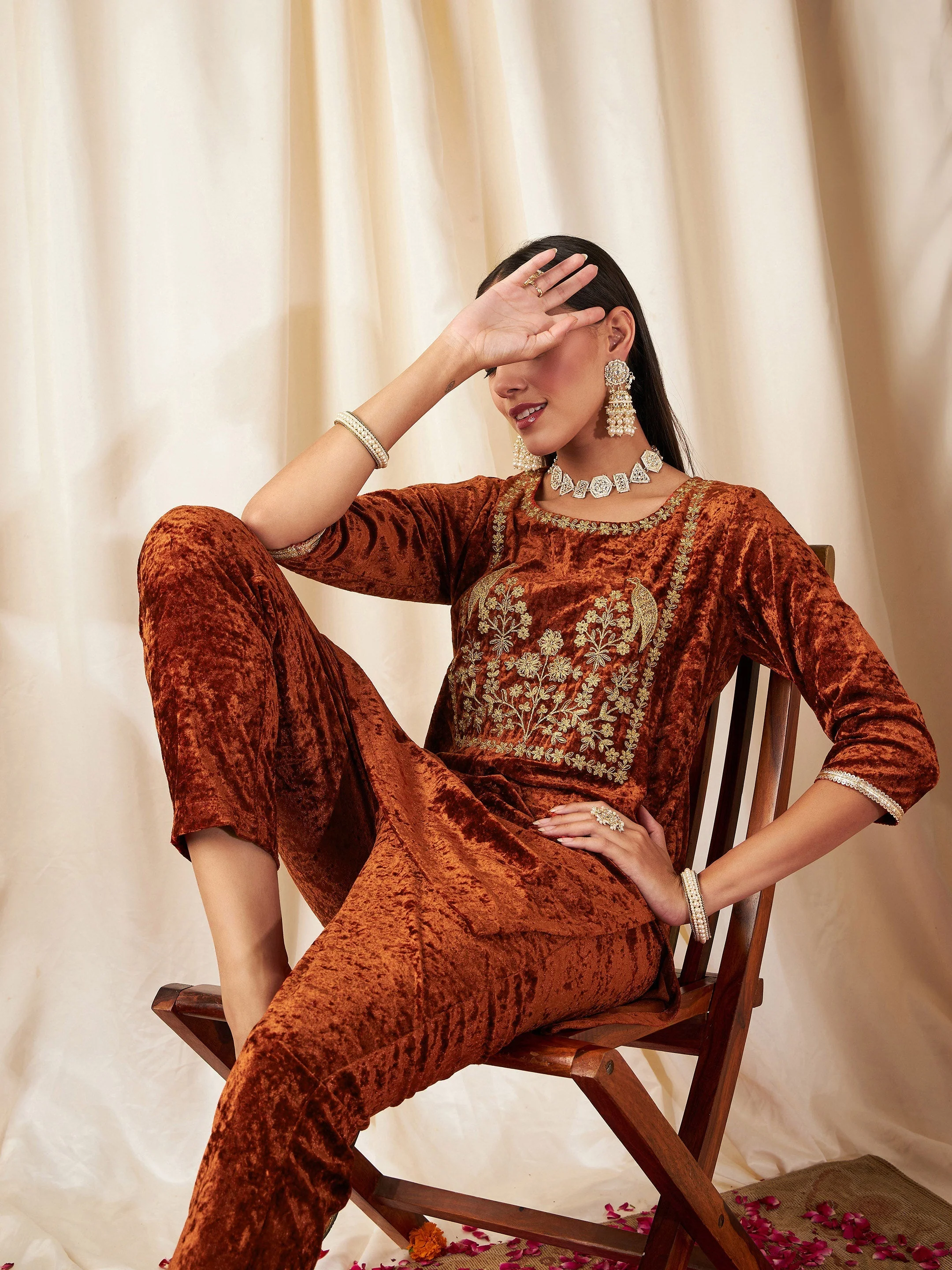 Women Rust Velvet Embroidered Yoke Short Kurta - Image 2